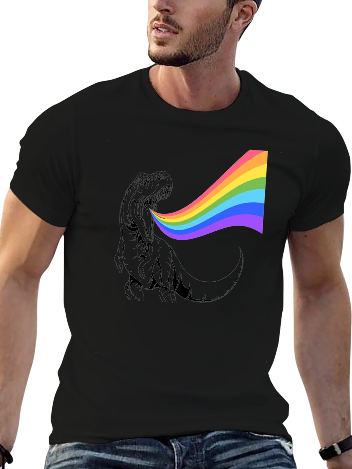 Rainbow Dinosaur Graphic Tee - Black Cotton T-Shirt