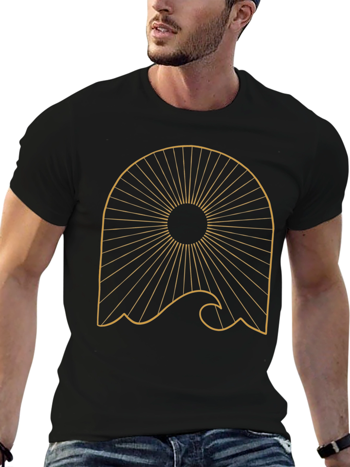 Abstract Sun Wave Graphic Tee - Trendy Black T-Shirt