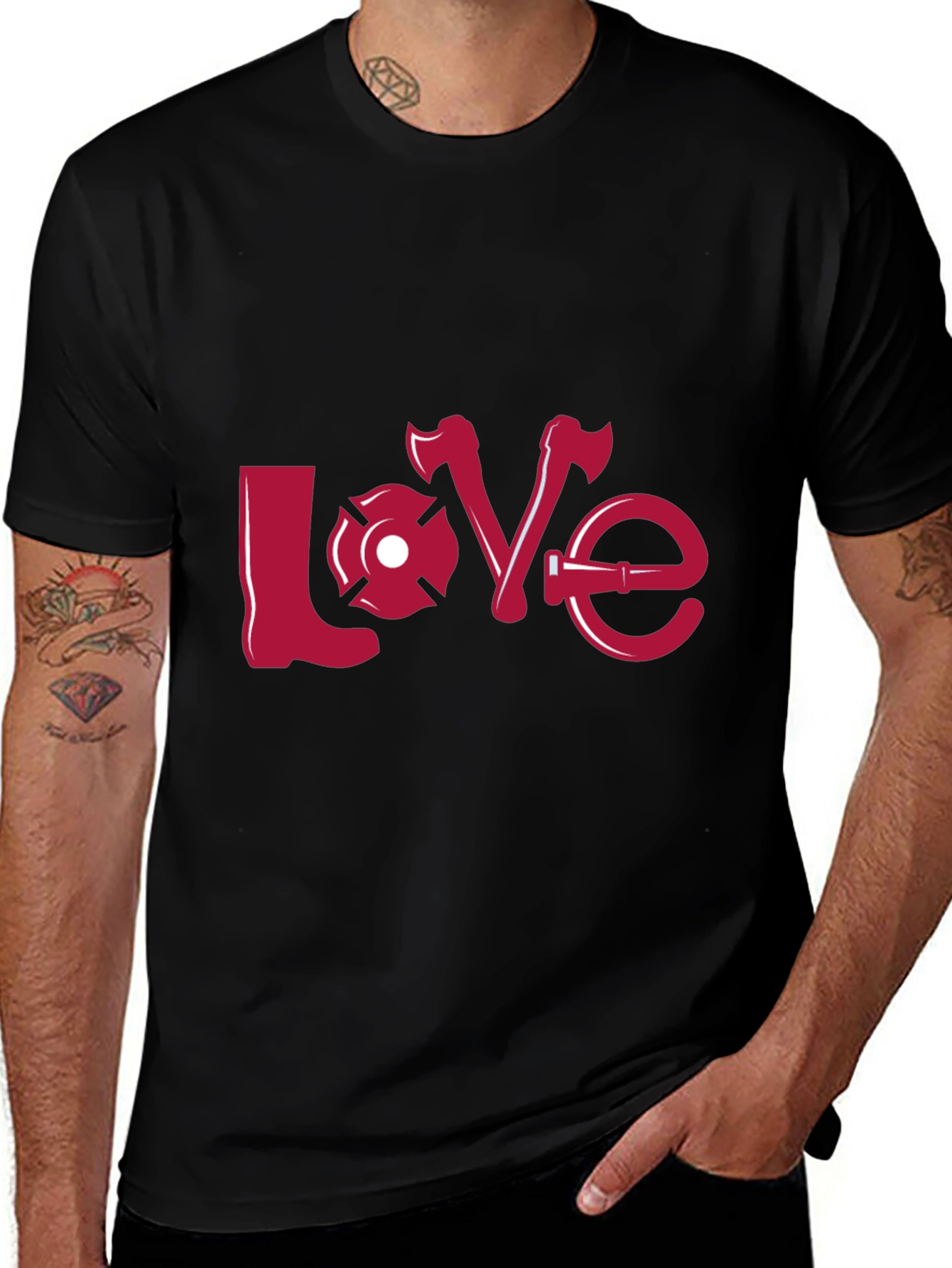 Firefighter Love Graphic Tee - Black Crew Neck Shirt