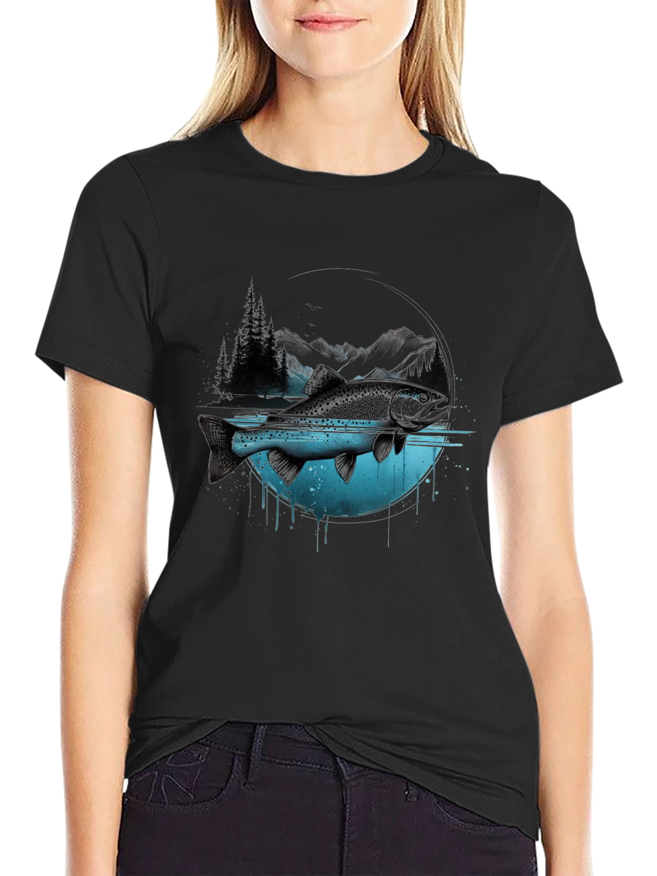Nature Fish Graphic Print Crew Neck T-Shirt