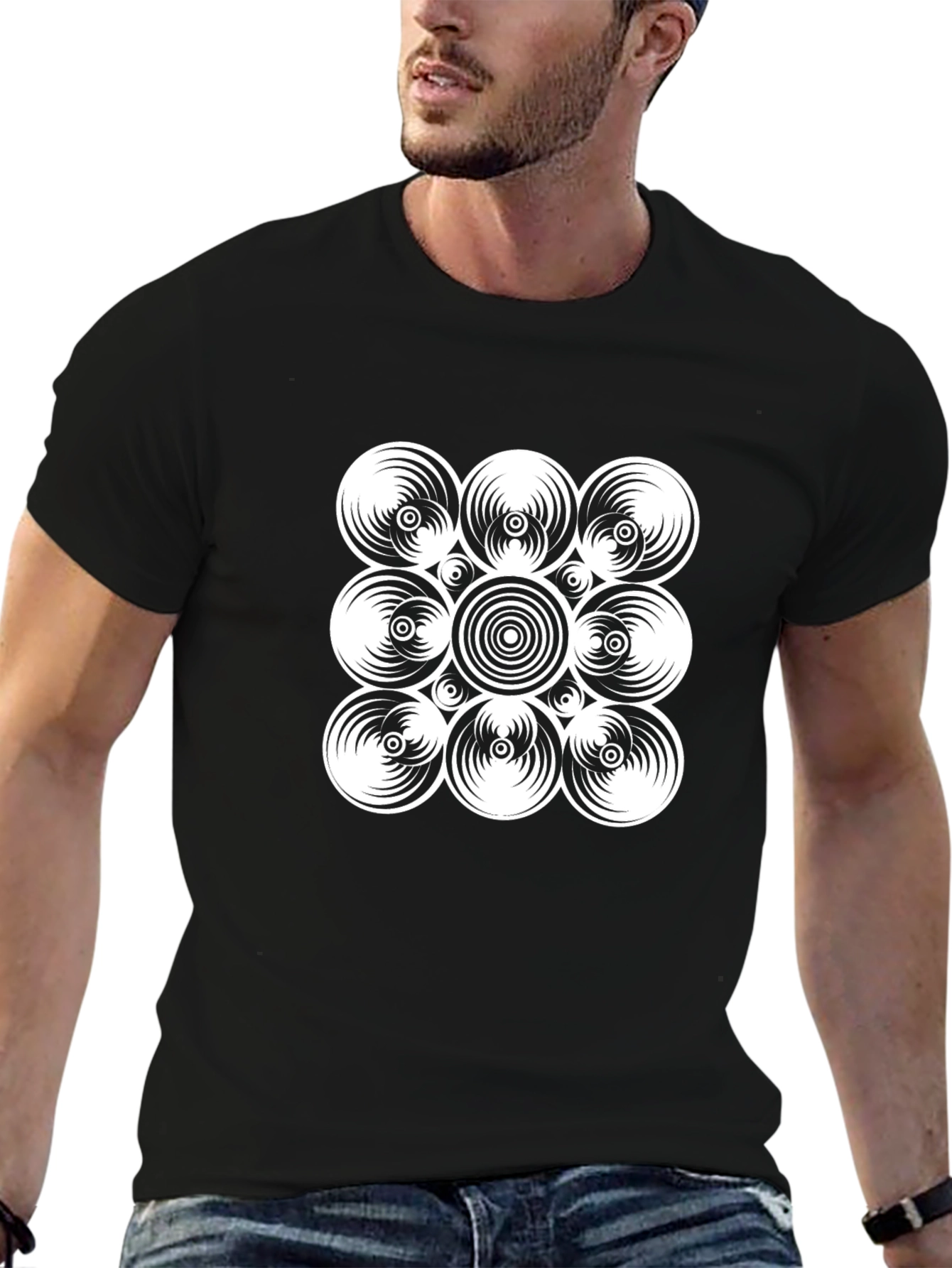 Geometric Circle Design Black T-Shirt