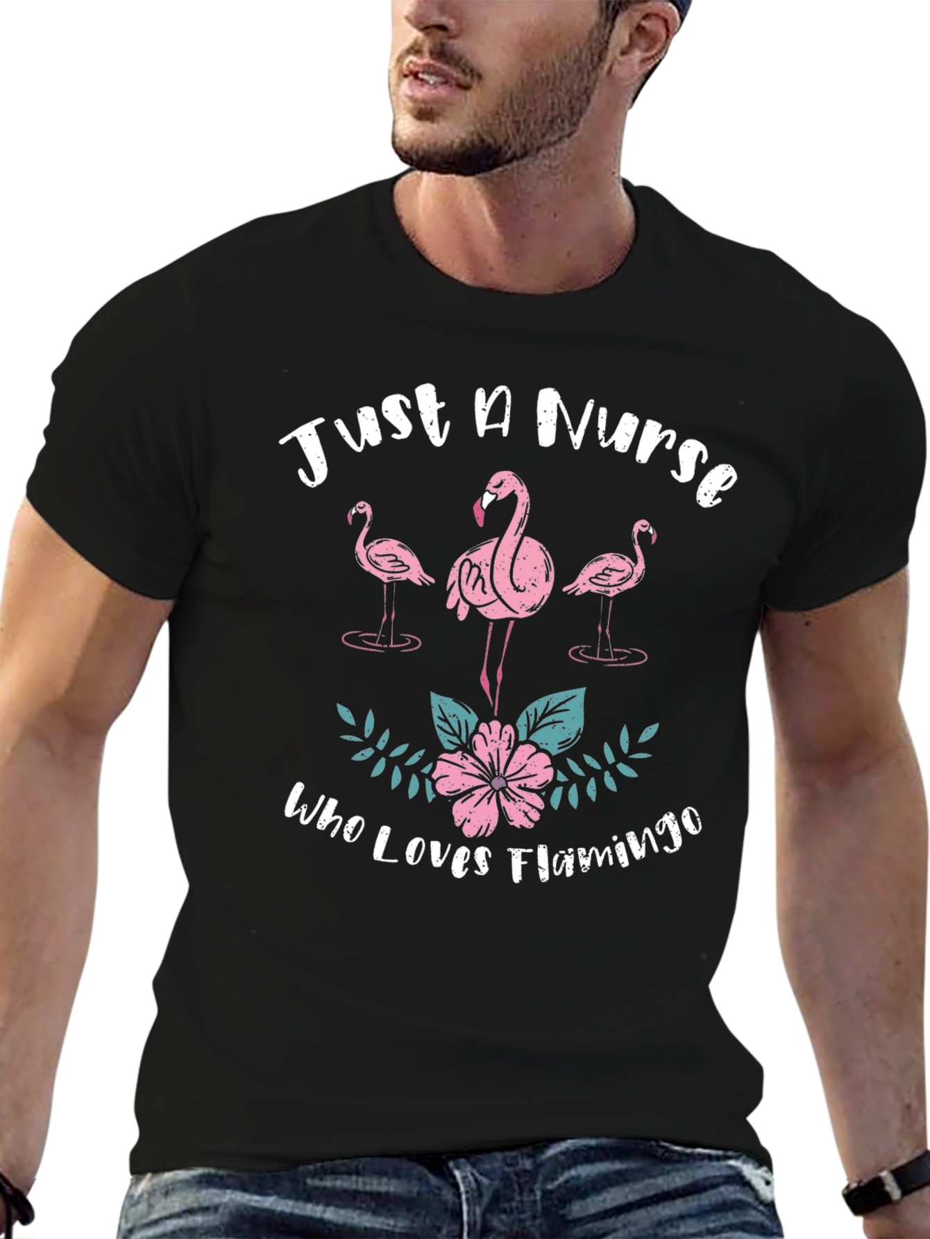 Nurse Flamingo Graphic Tee - Black Cotton T-Shirt