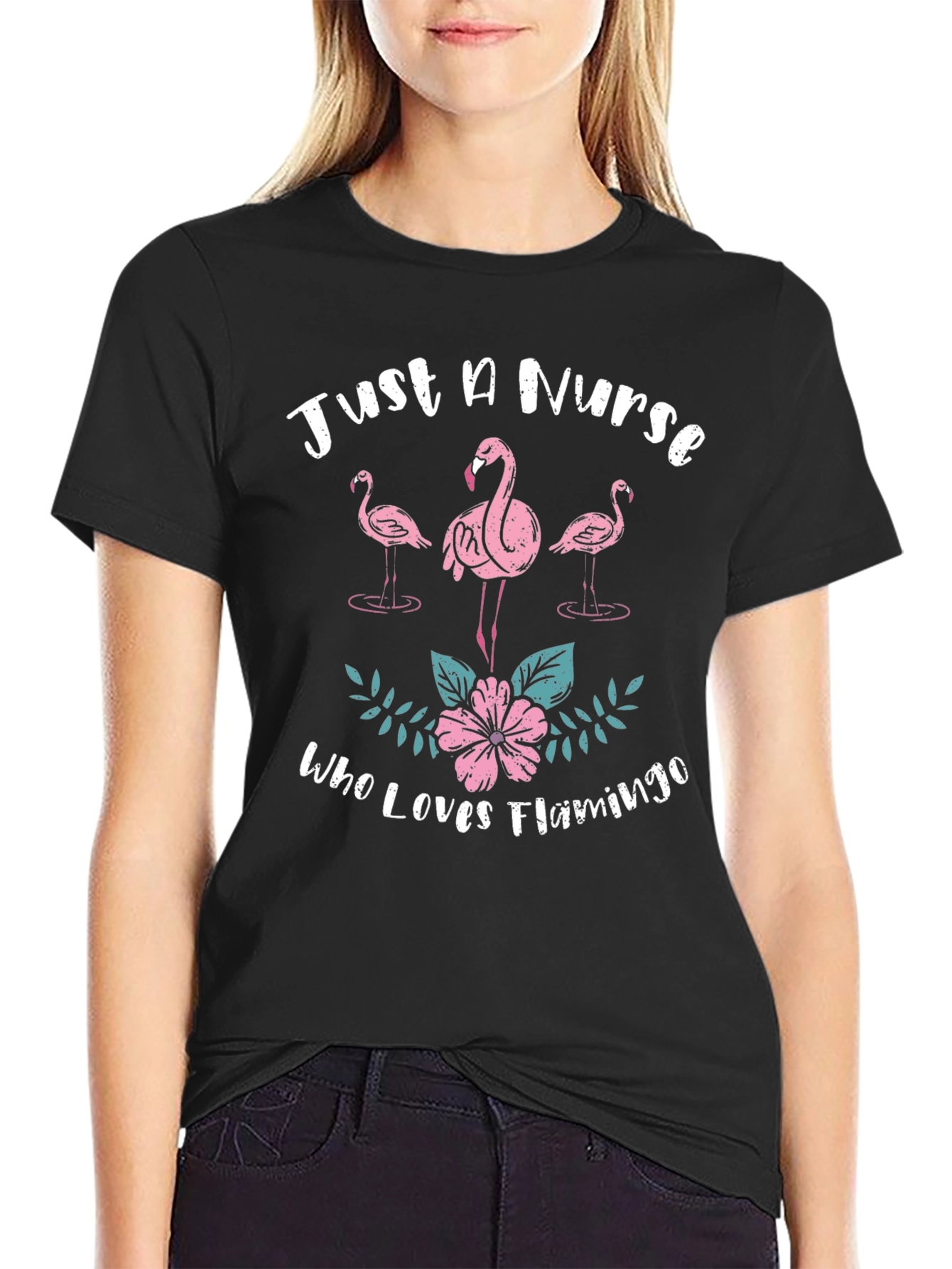 Nurse Flamingo Graphic Tee - Black Cotton T-Shirt