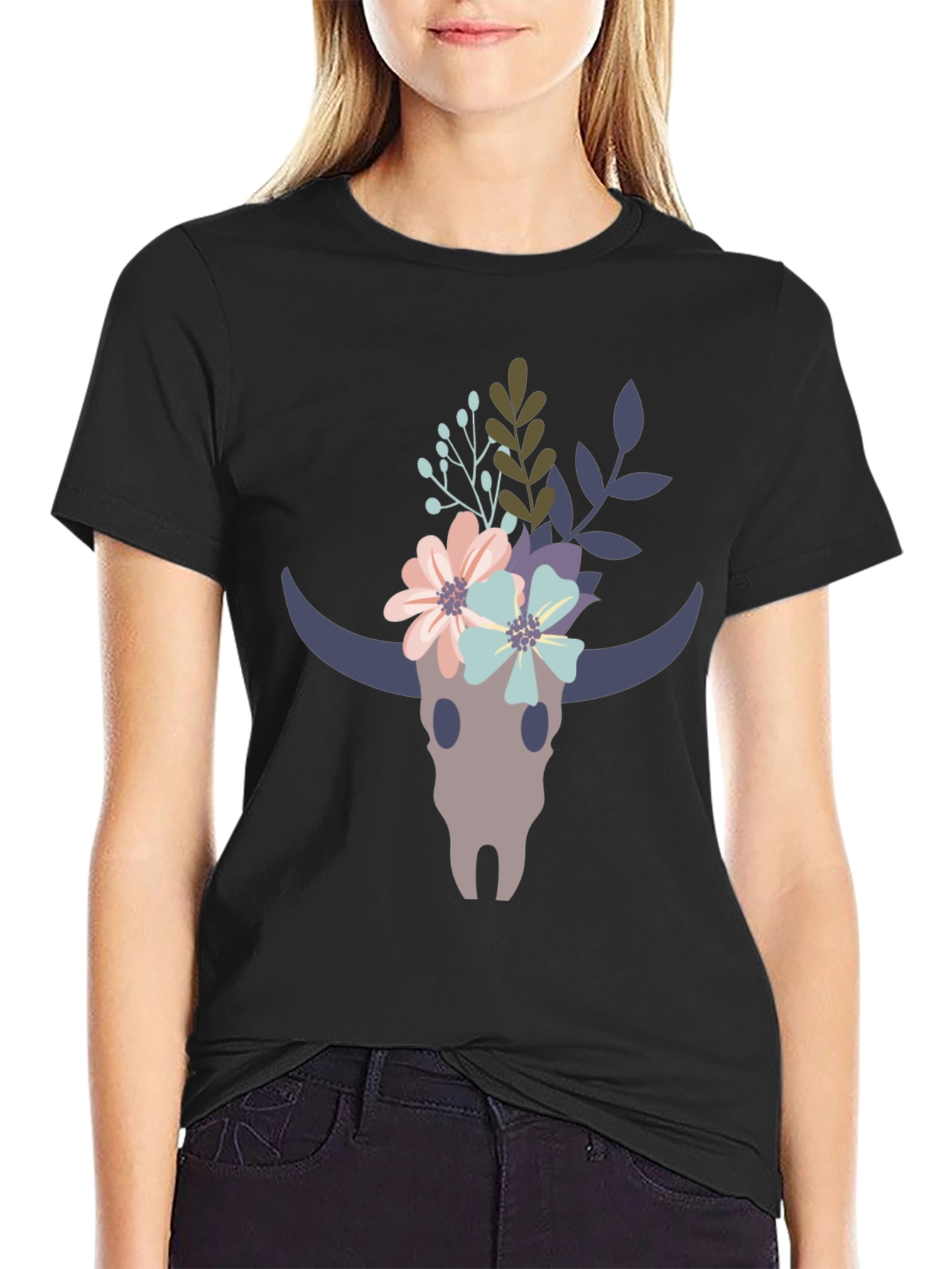 Floral Bull Skull Graphic Tee