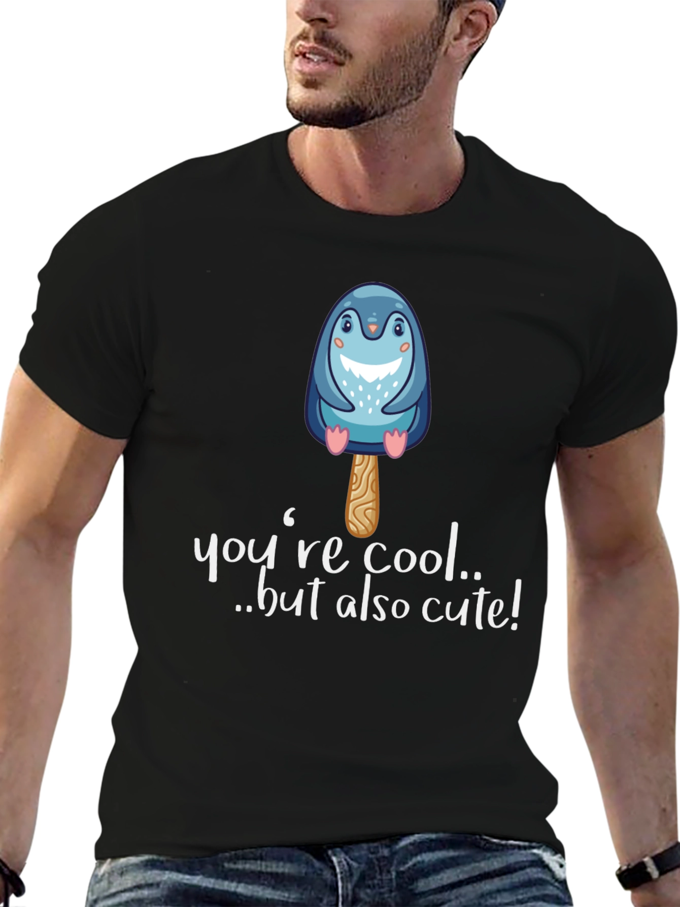 Cute Penguin Popsicle Graphic Black T-Shirt