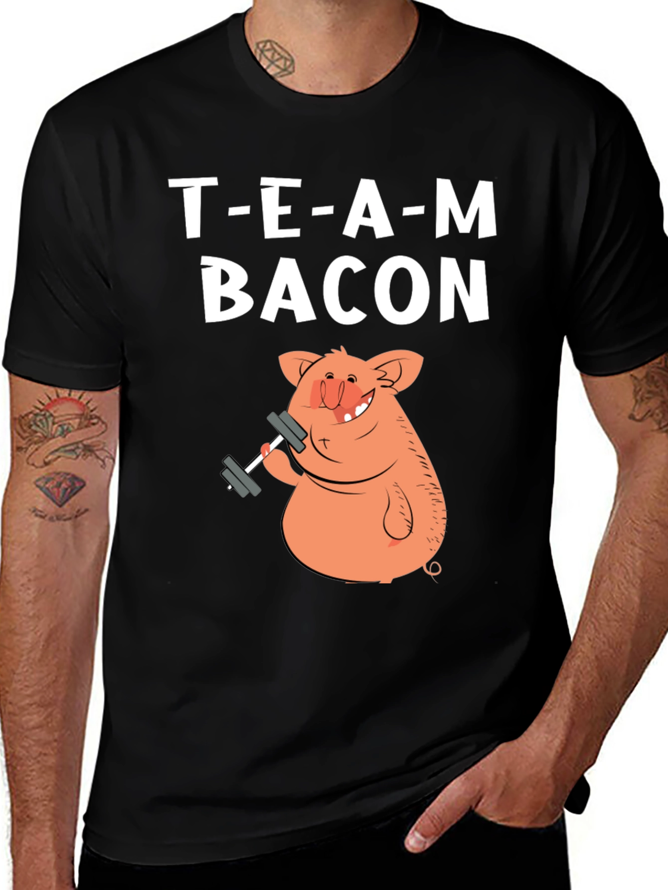Team Bacon Pig Lifting Weights Graphic T-Shirt