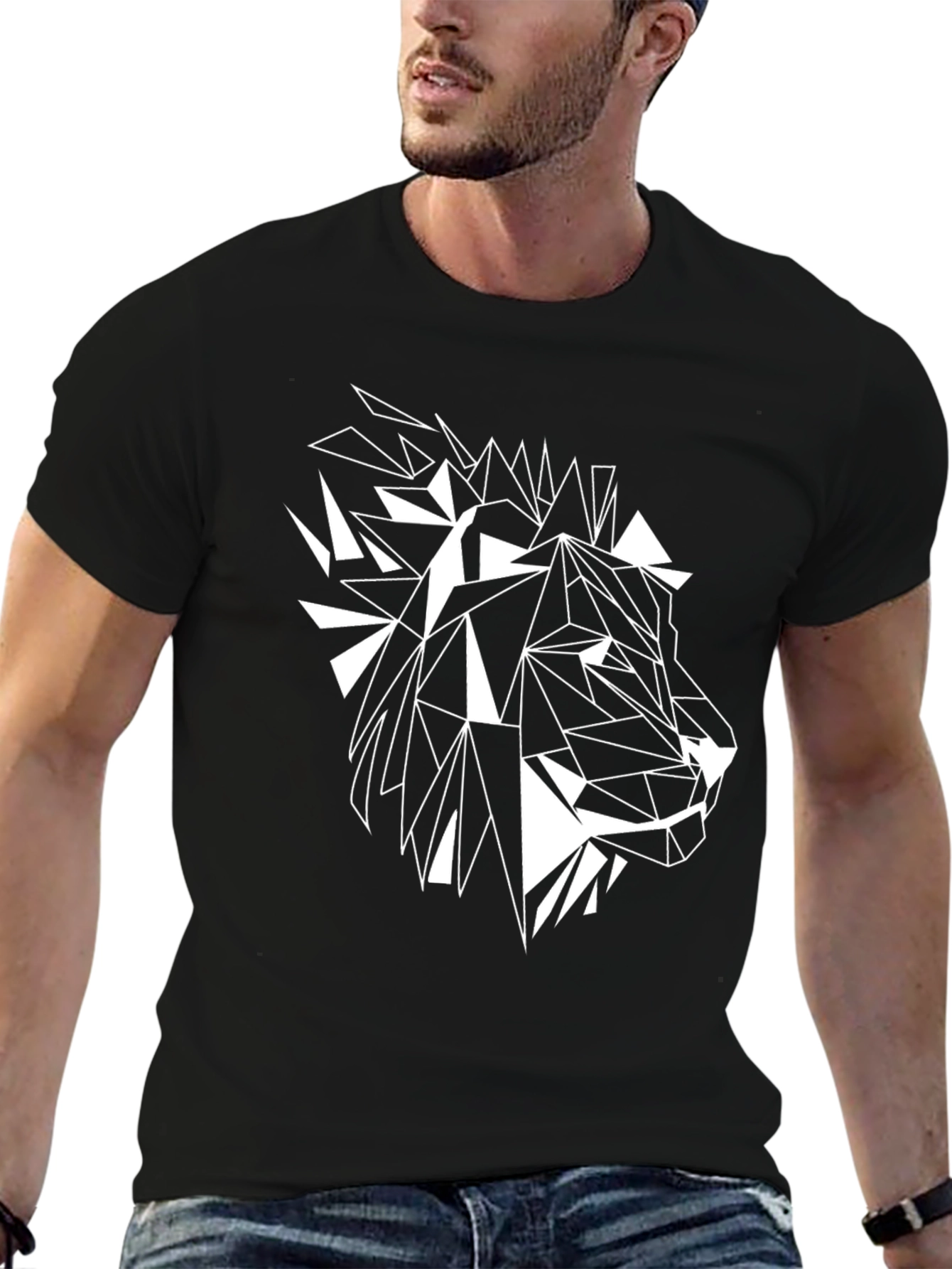 Geometric Lion Graphic Print Black T-Shirt
