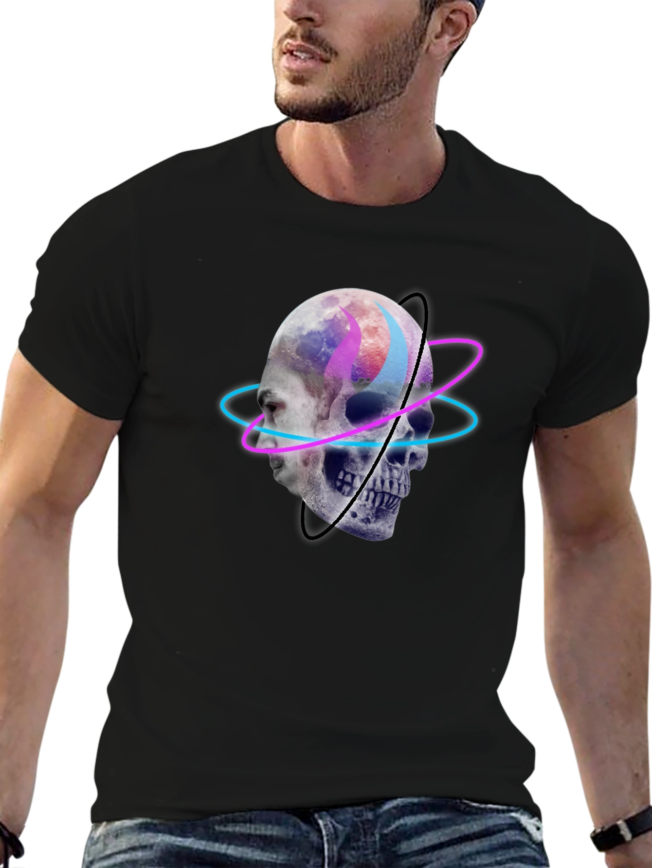 Skull Graphic Tee - Neon Orbit Design