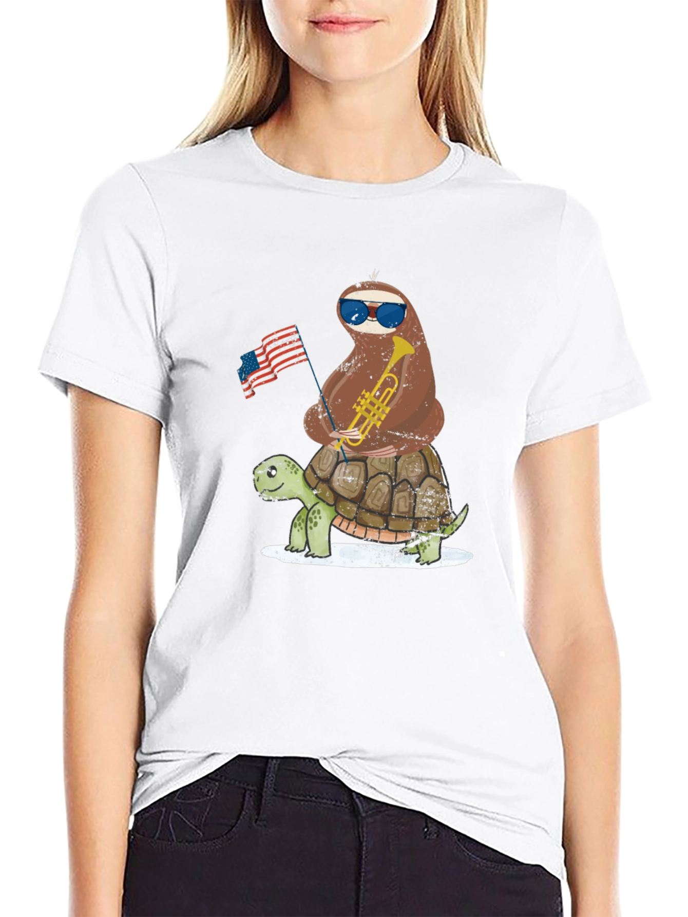 Sloth Riding Turtle 4th of July Graphic Tee