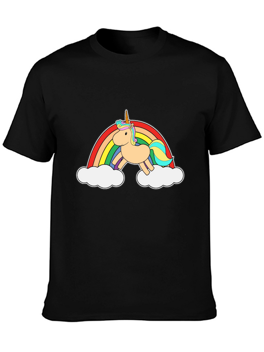 Unicorn Rainbow Graphic Tee - Black Cotton Casual T-Shirt