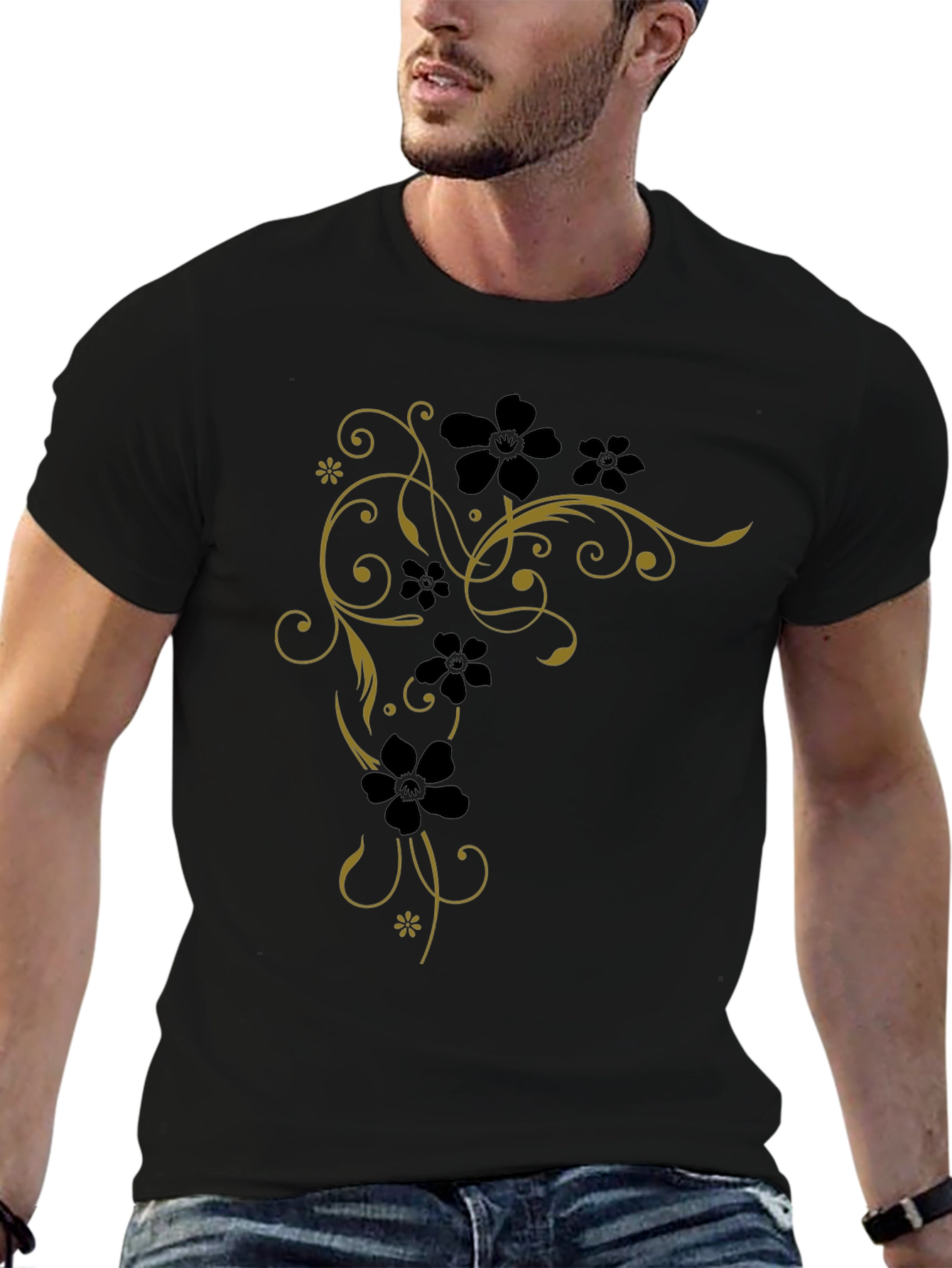 Floral Vine Tee - Black Cotton Graphic T-Shirt