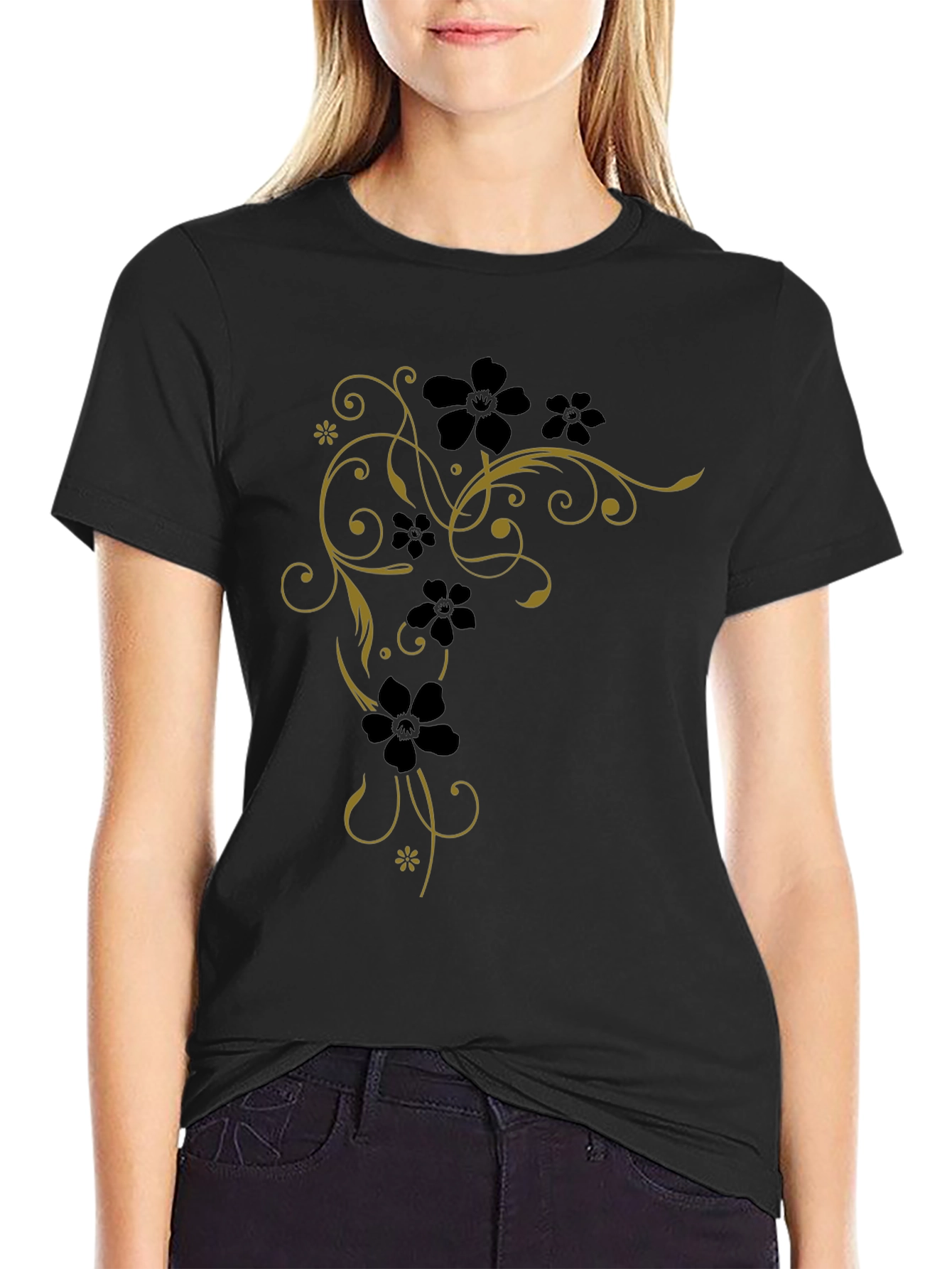 Floral Vine Tee - Black Cotton Graphic T-Shirt