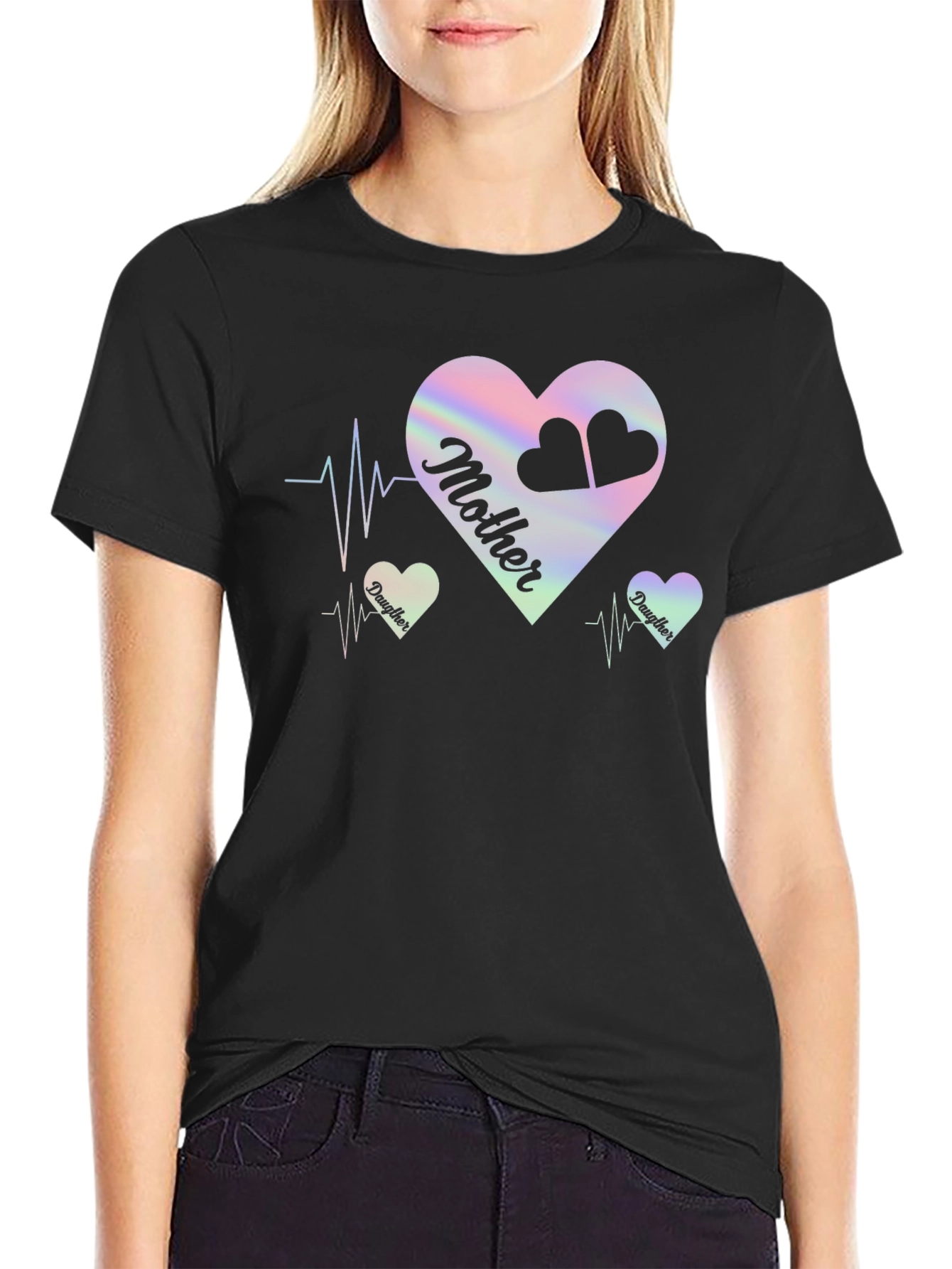Mother Daughter Heartbeat Black T-Shirt