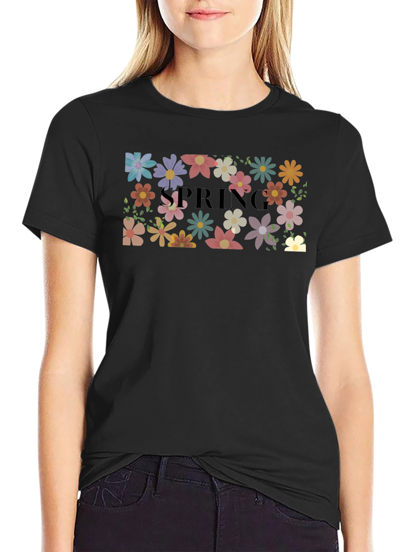 Floral Spring T-Shirt Black Casual Wear