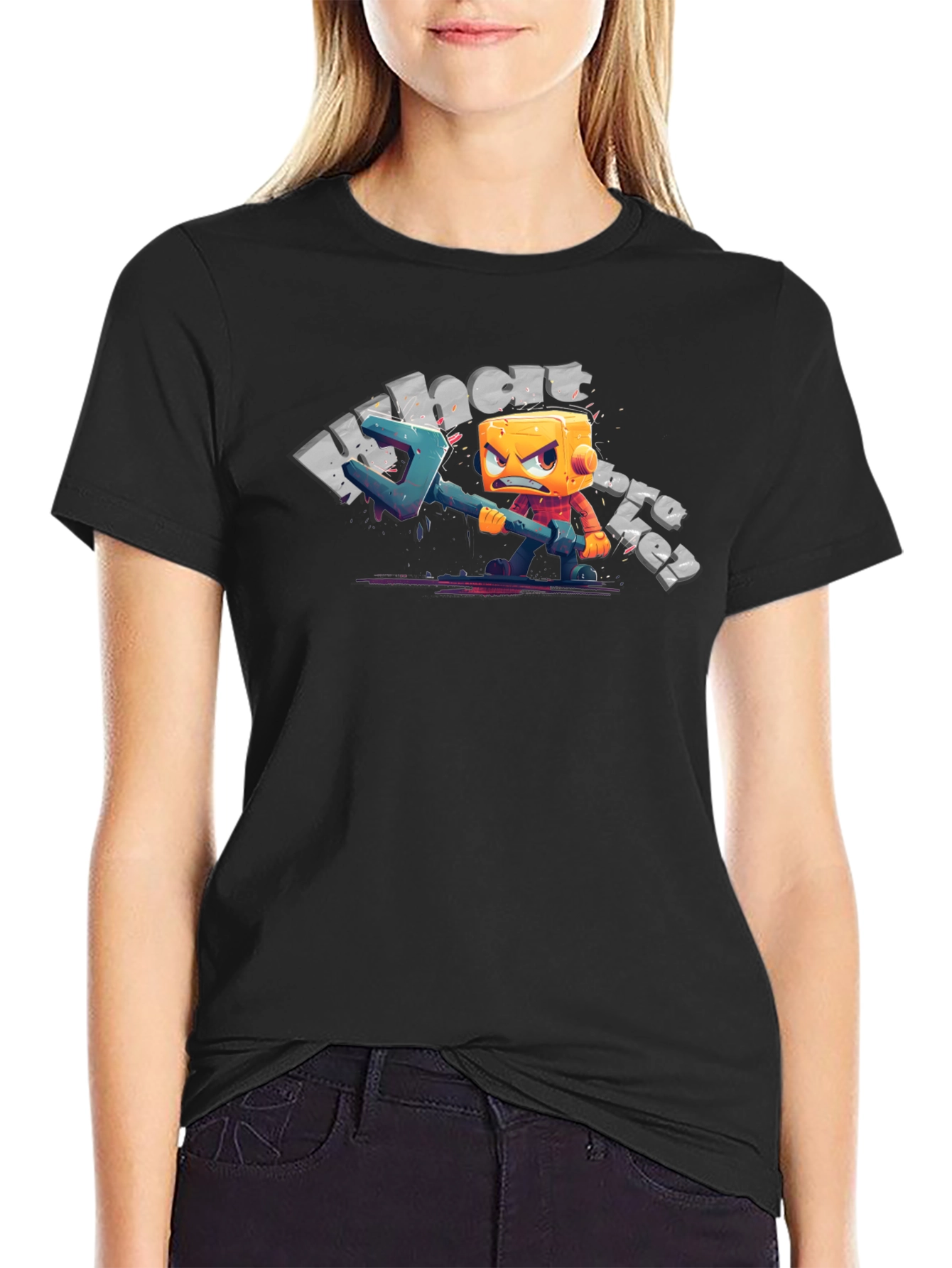 Mens Black T-Shirt with Cartoon Character Graphic