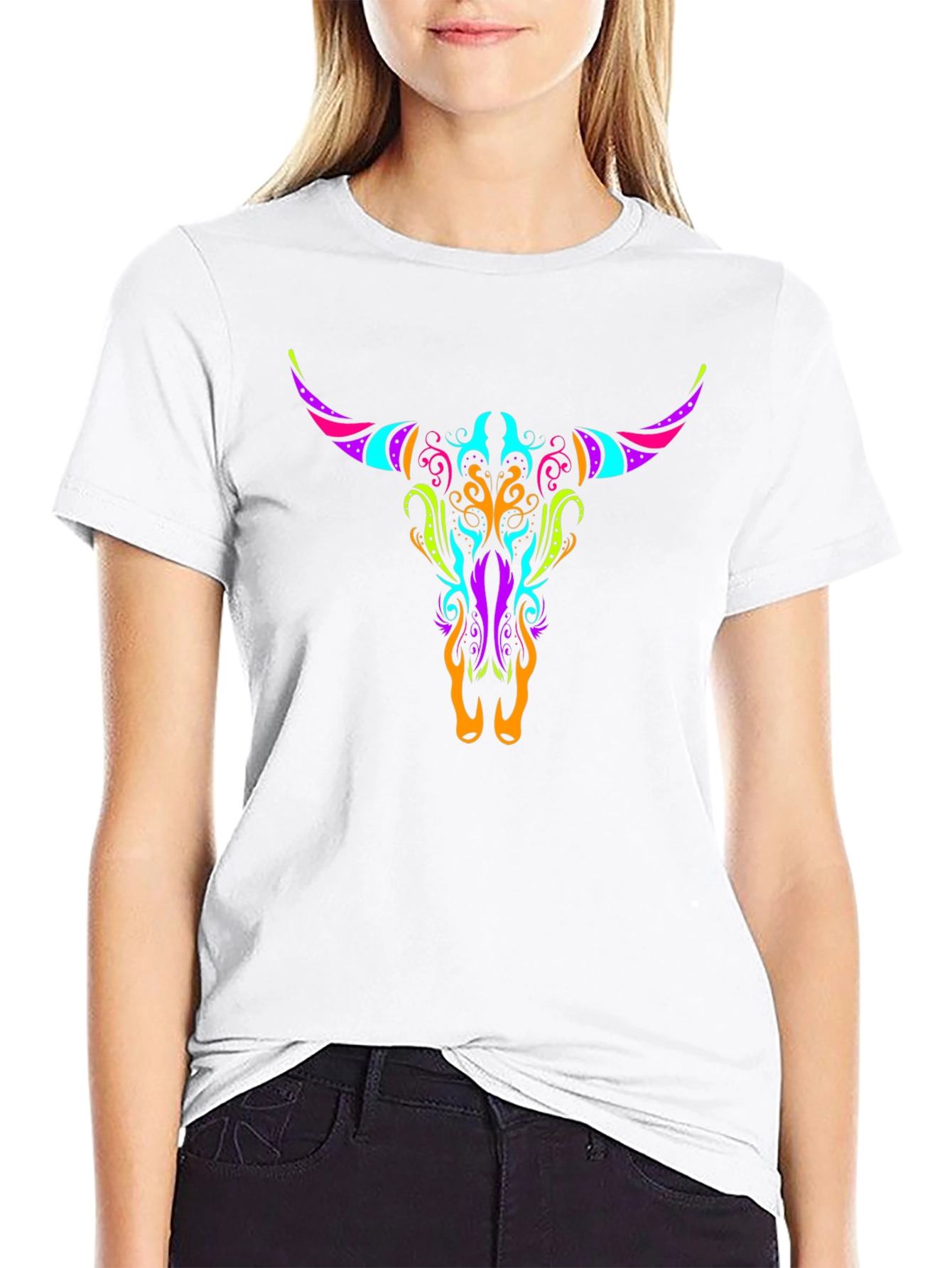 Neon Bull Skull Graphic Tee - Black