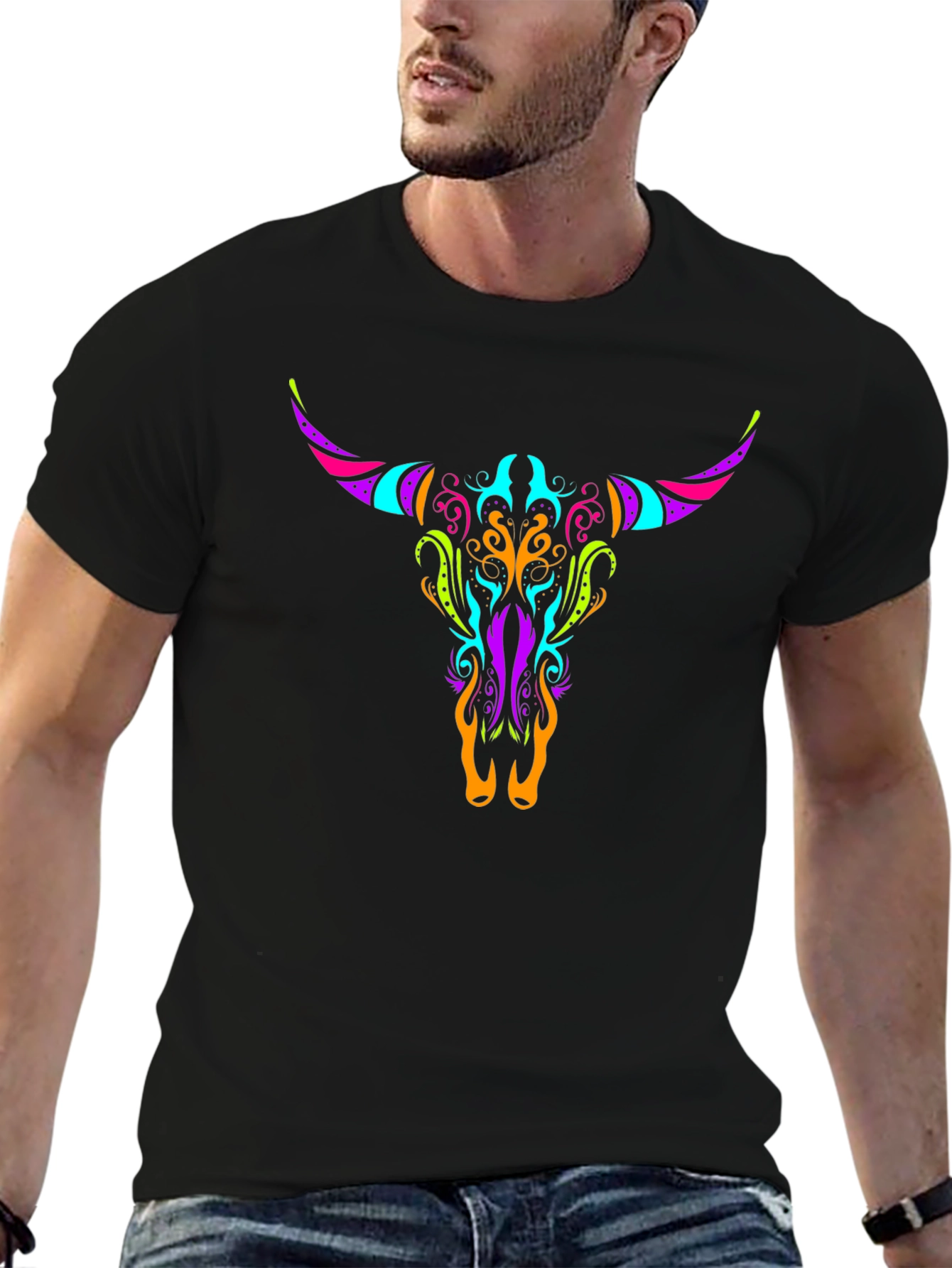 Neon Bull Skull Graphic Tee - Black