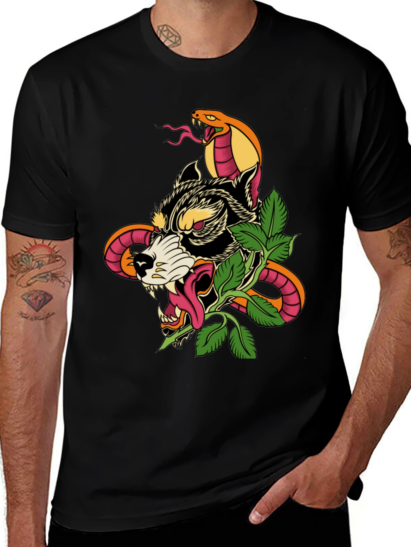 Wolf & Snake Graphic Tee - Mens Black T-Shirt
