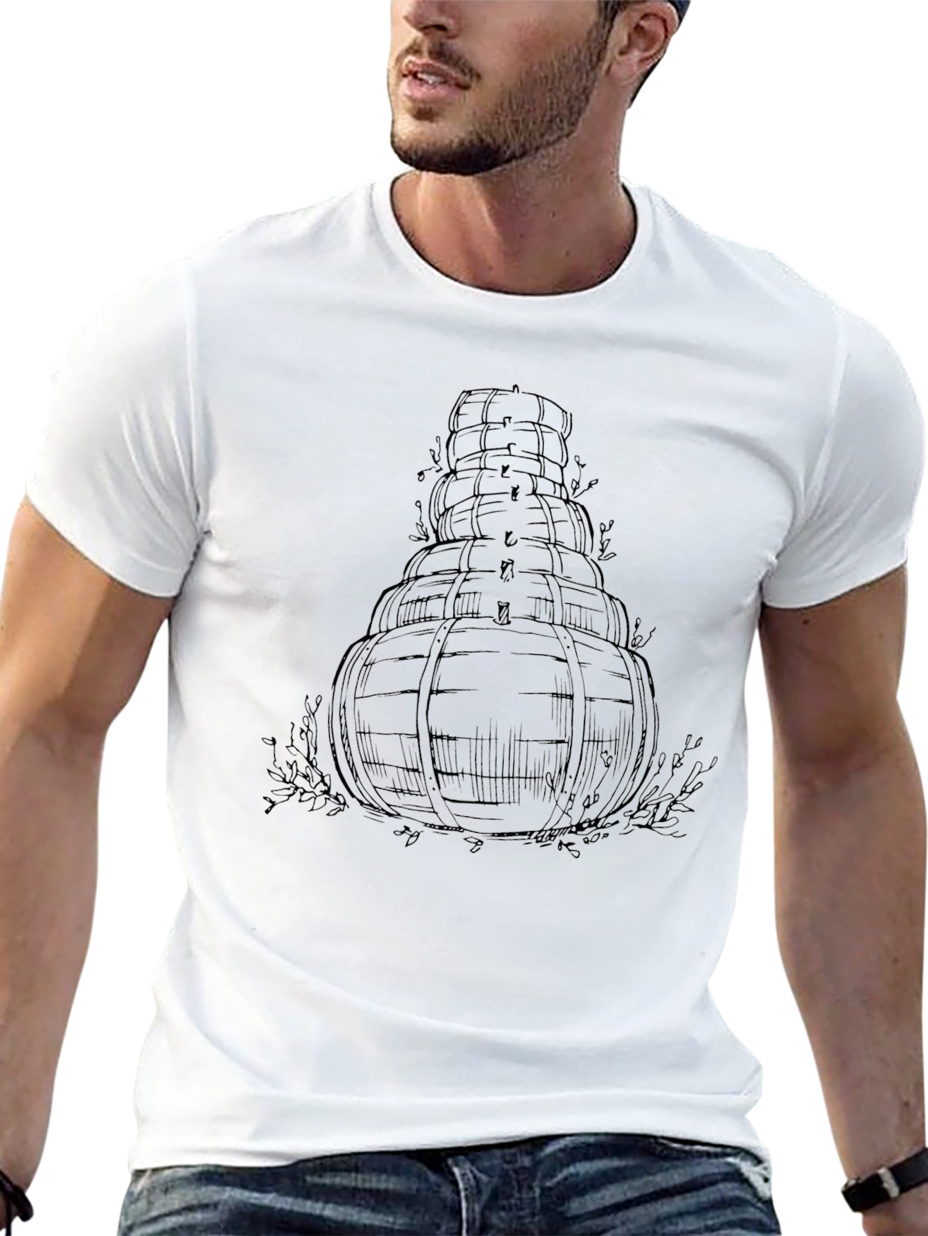 Mens Black T-Shirt with Barrel Tower Design