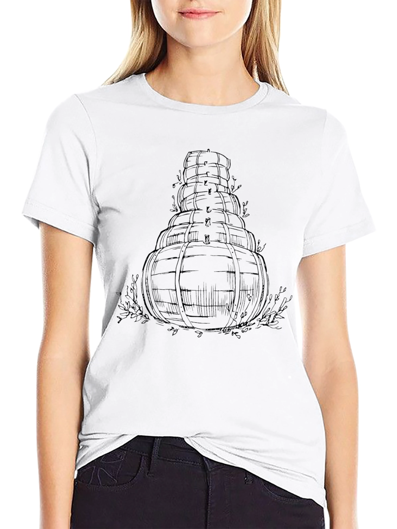 Mens Black T-Shirt with Barrel Tower Design
