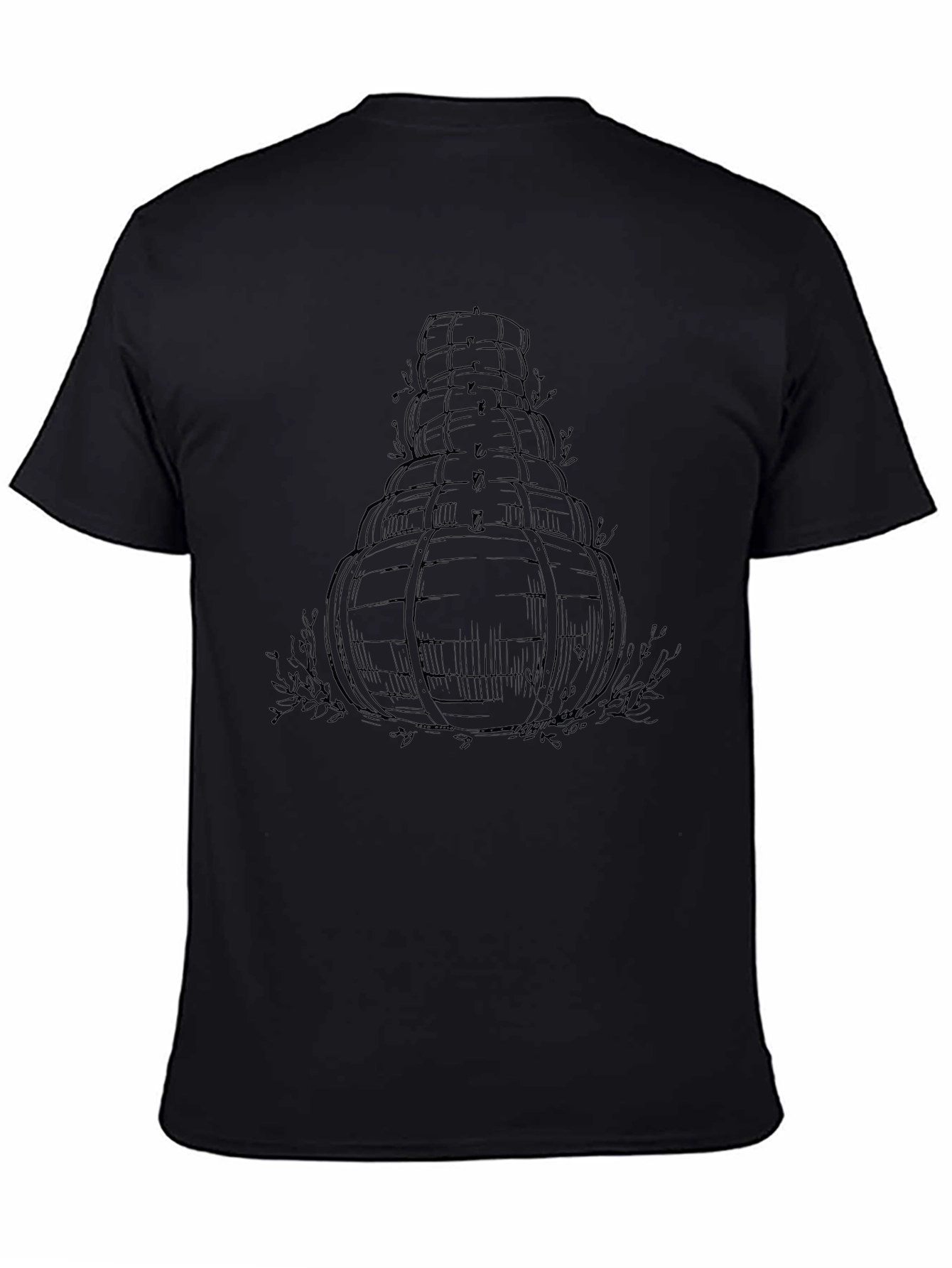 Mens Black T-Shirt with Barrel Tower Design