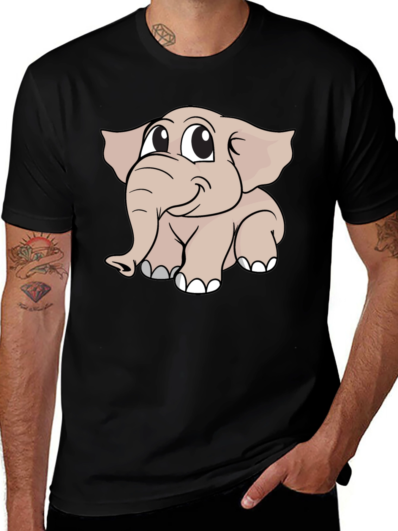 Cute Elephant Cartoon Black T-Shirt