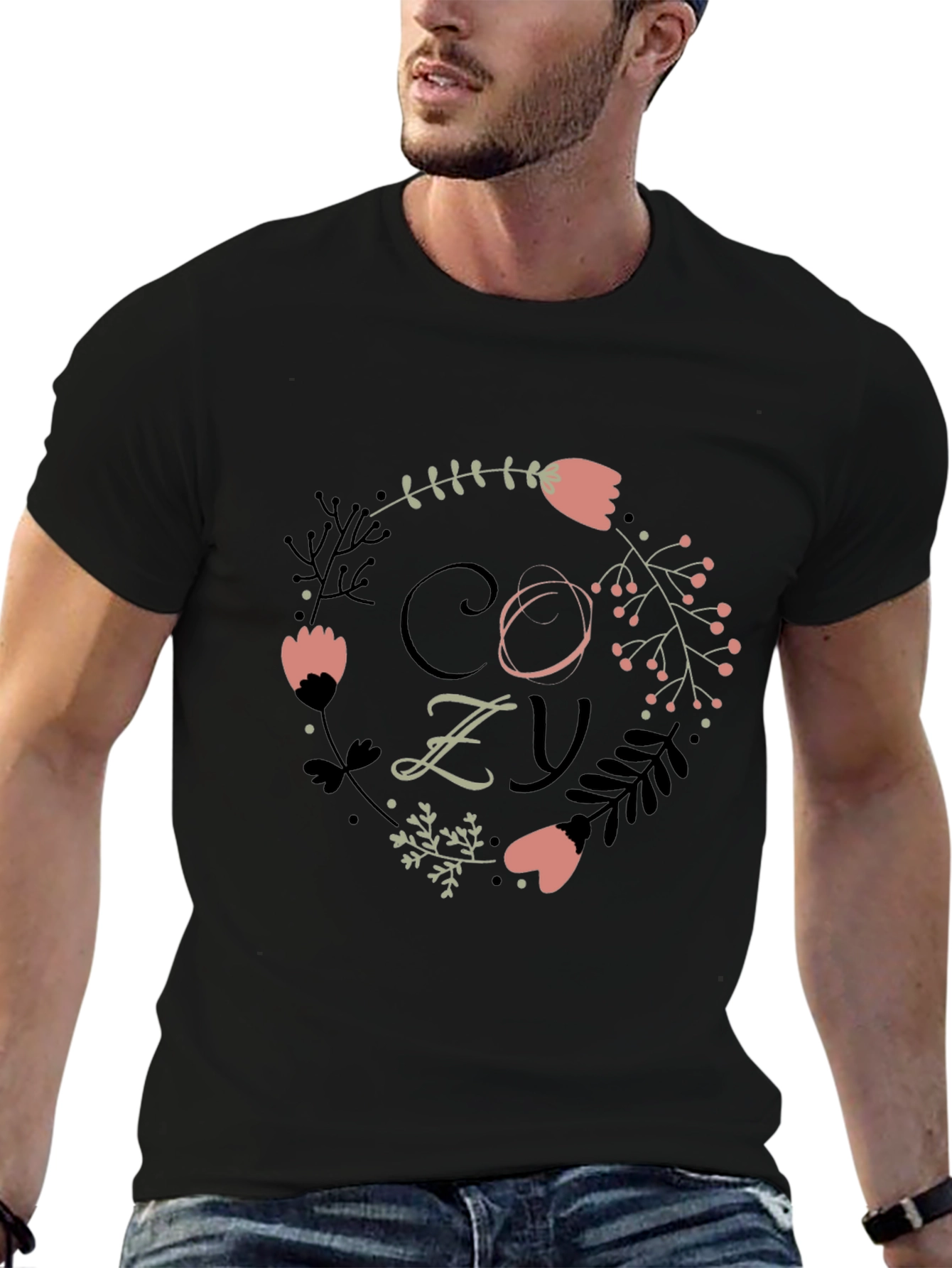 Cozy Floral Graphic Print Black T-Shirt