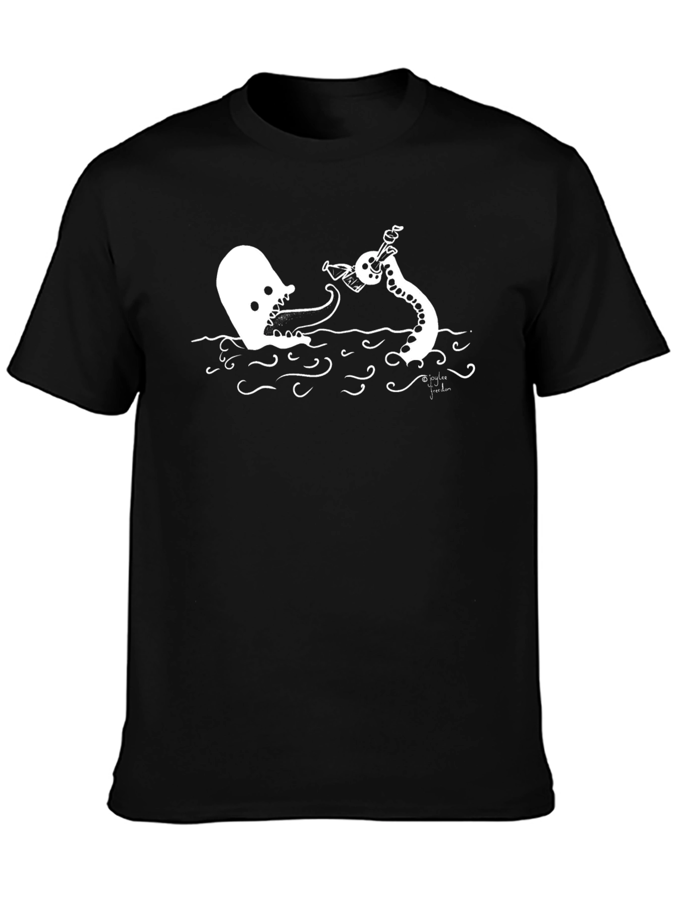Cartoon Ghost vs Octopus Black T-Shirt