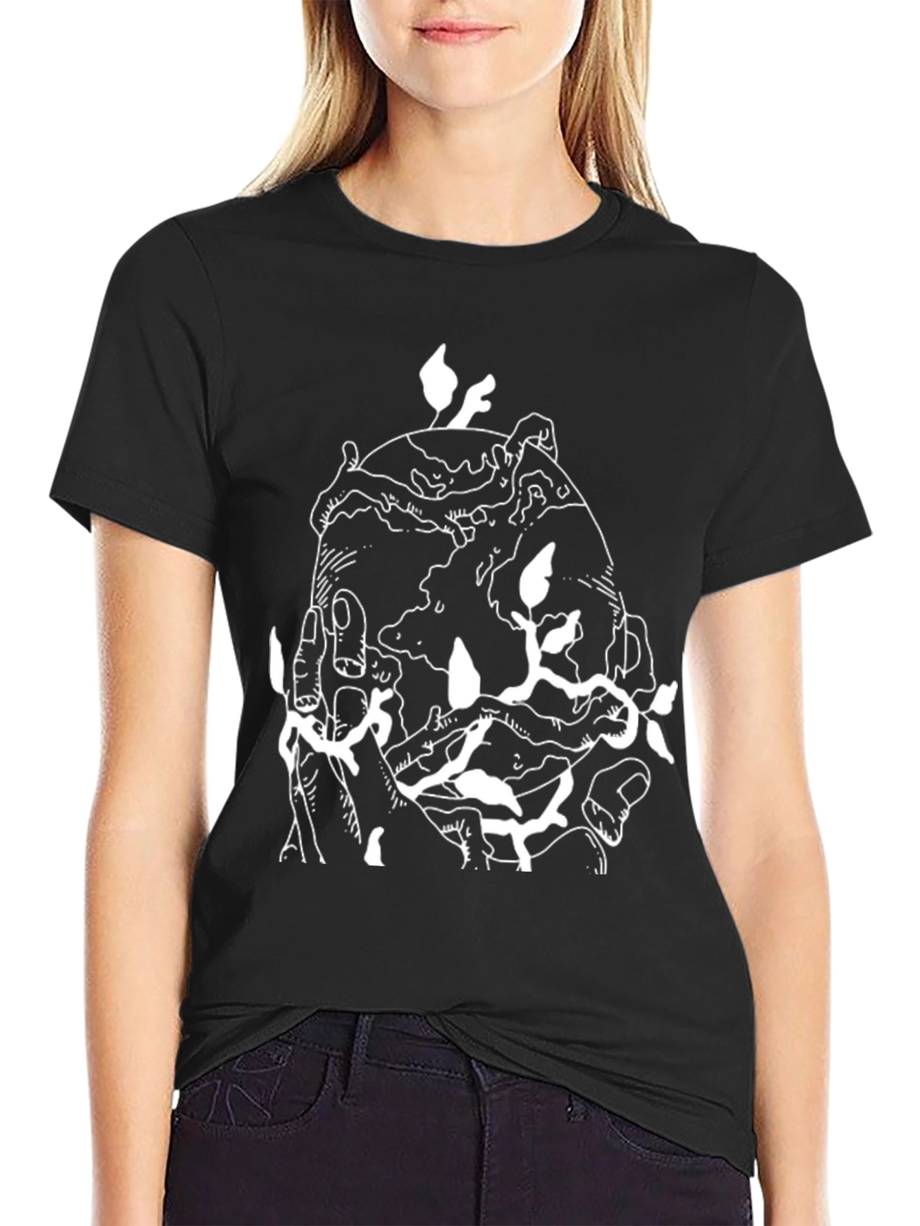 Black Graphic Tee: Earth in Hand Design