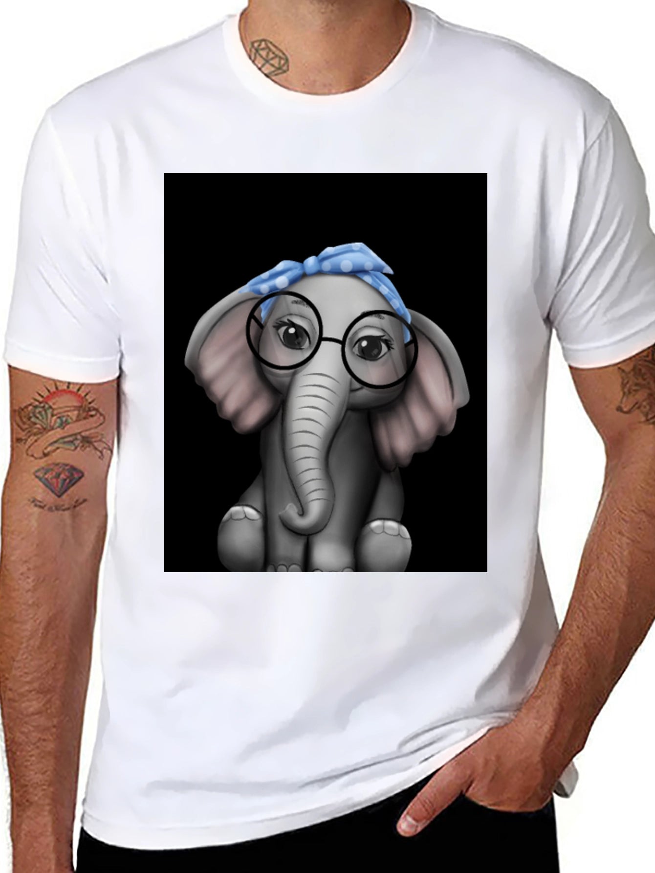 Elephant with Glasses Graphic Tee - Black T-Shirt