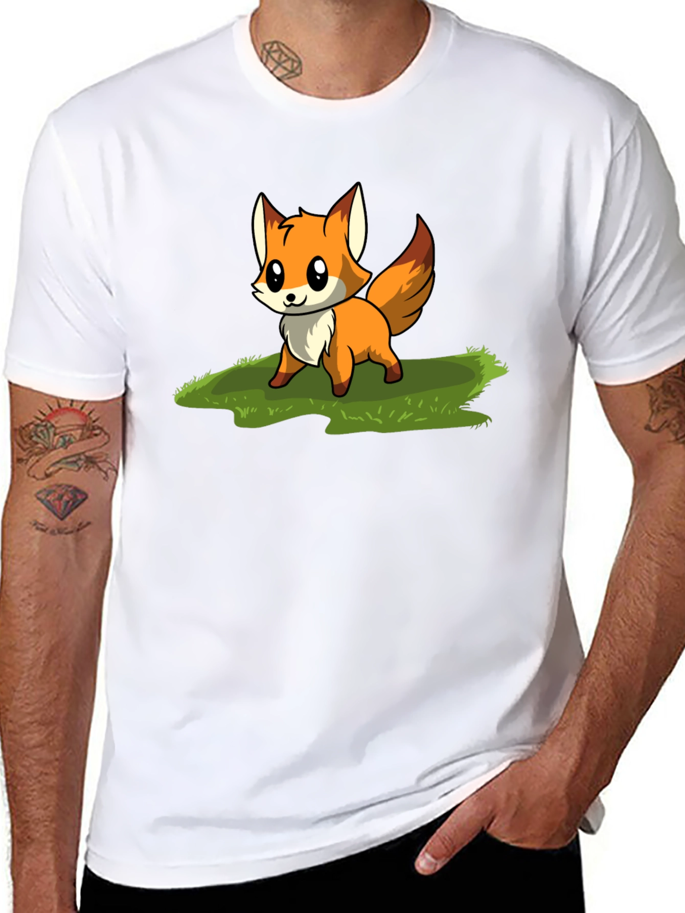 Cute Fox Cartoon Graphic T-Shirt - Black