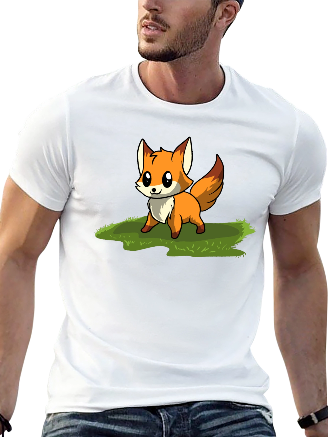 Cute Fox Cartoon Graphic T-Shirt - Black