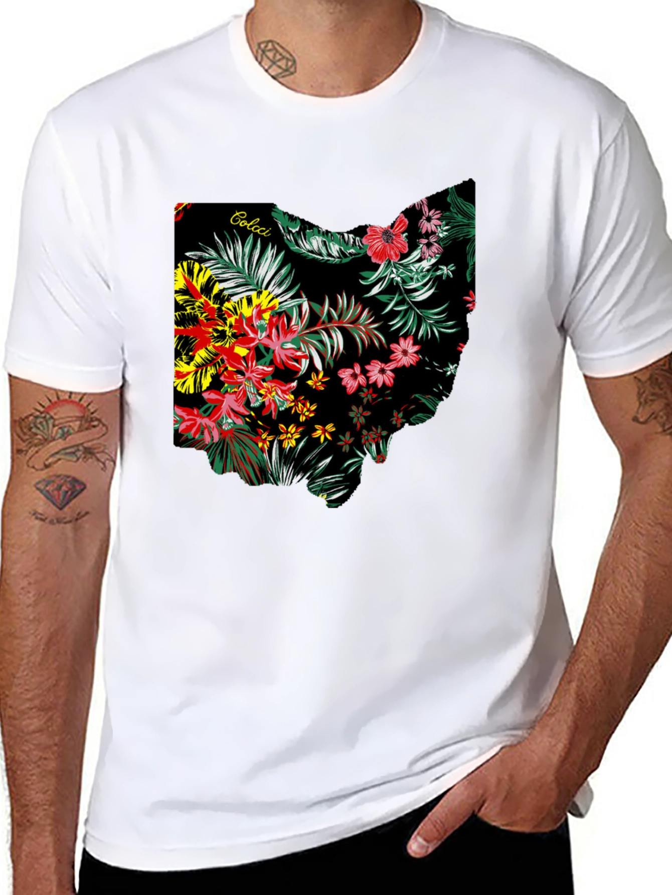 Floral Ohio State Map Mens Black T-Shirt