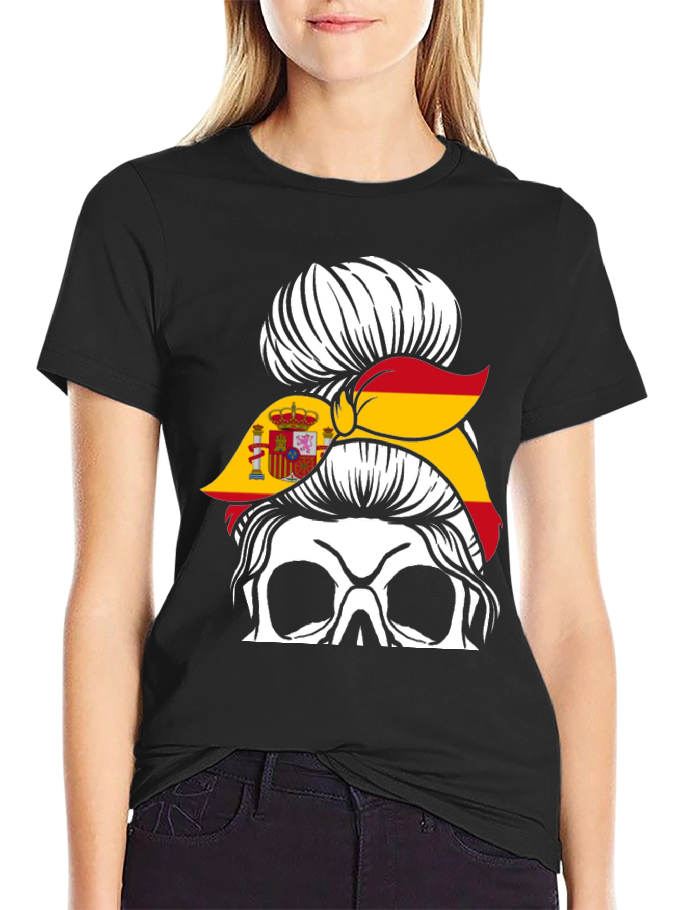 Spain Flag Skull Messy Bun T-Shirt