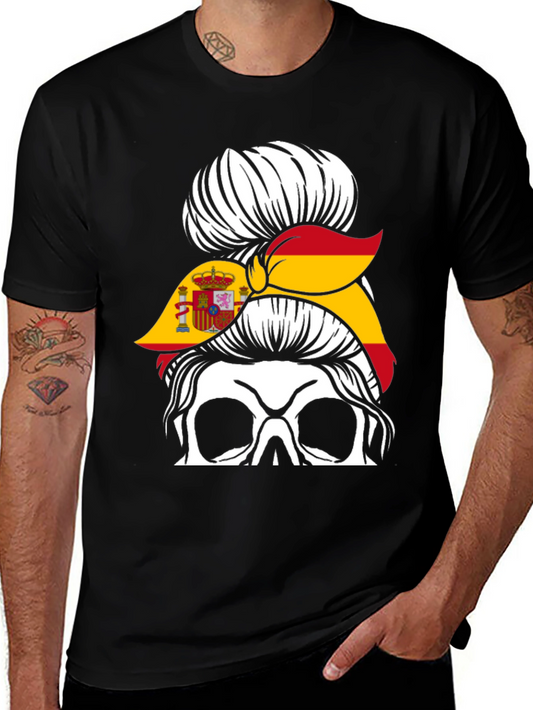 Spain Flag Skull Messy Bun T-Shirt