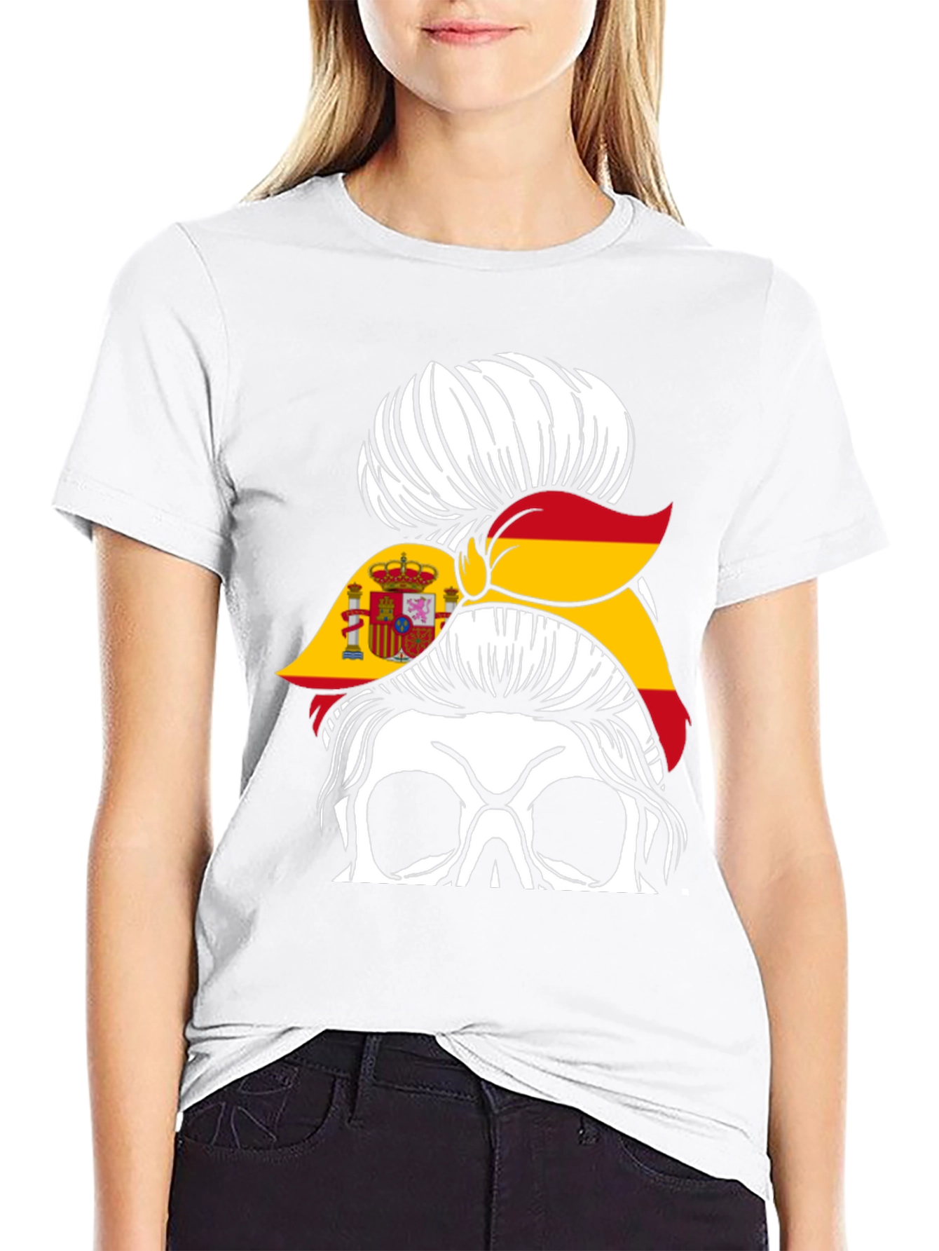 Spain Flag Skull Messy Bun T-Shirt