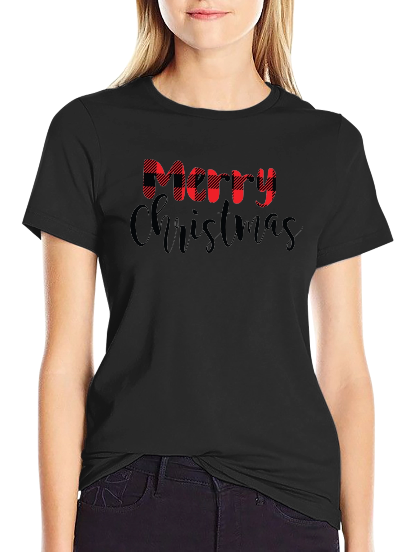 Merry Christmas Plaid Graphic T-Shirt