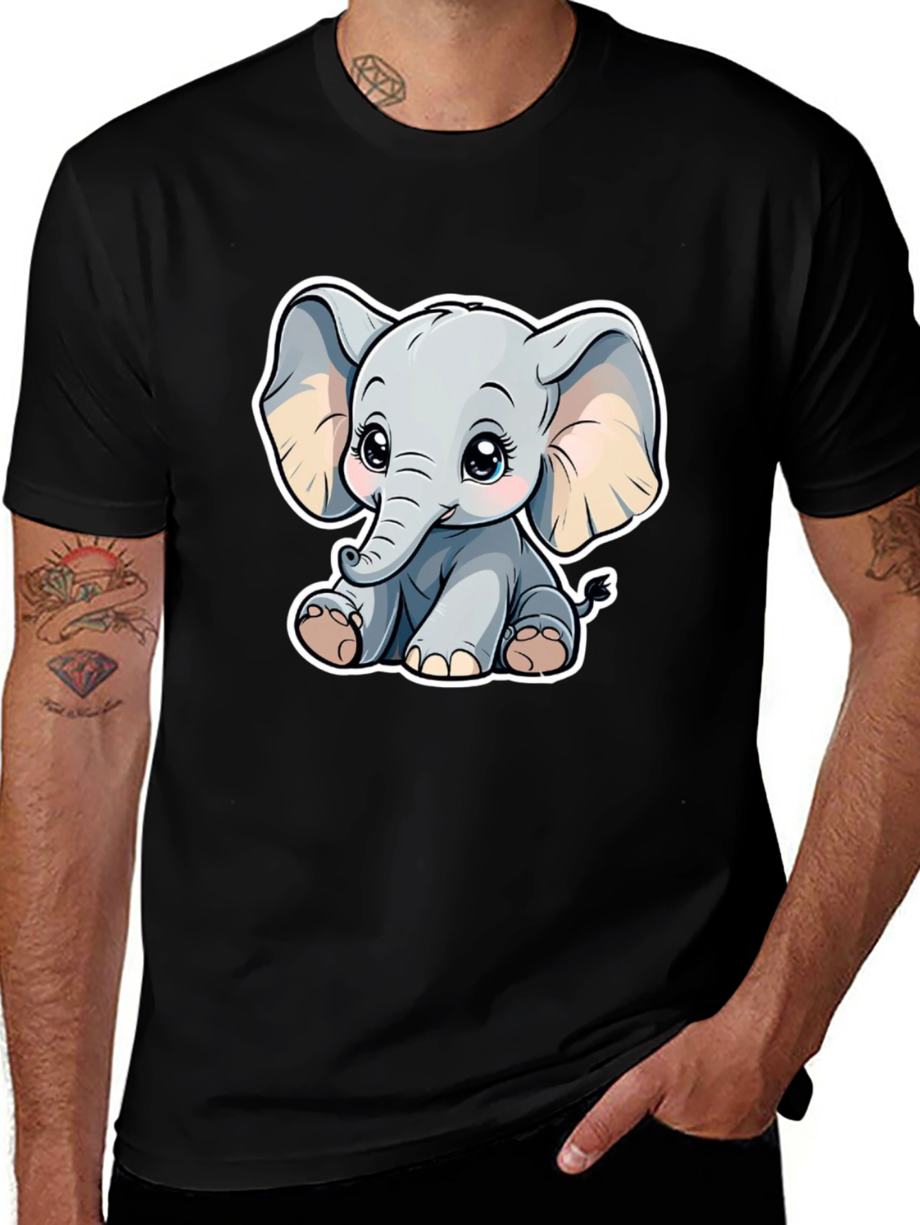 Cute Elephant Graphic Tee - Black Cotton Shirt