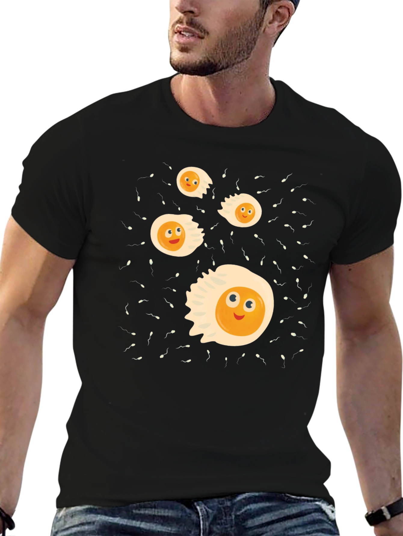 Funny Egg Cartoon Graphic Black T-Shirt
