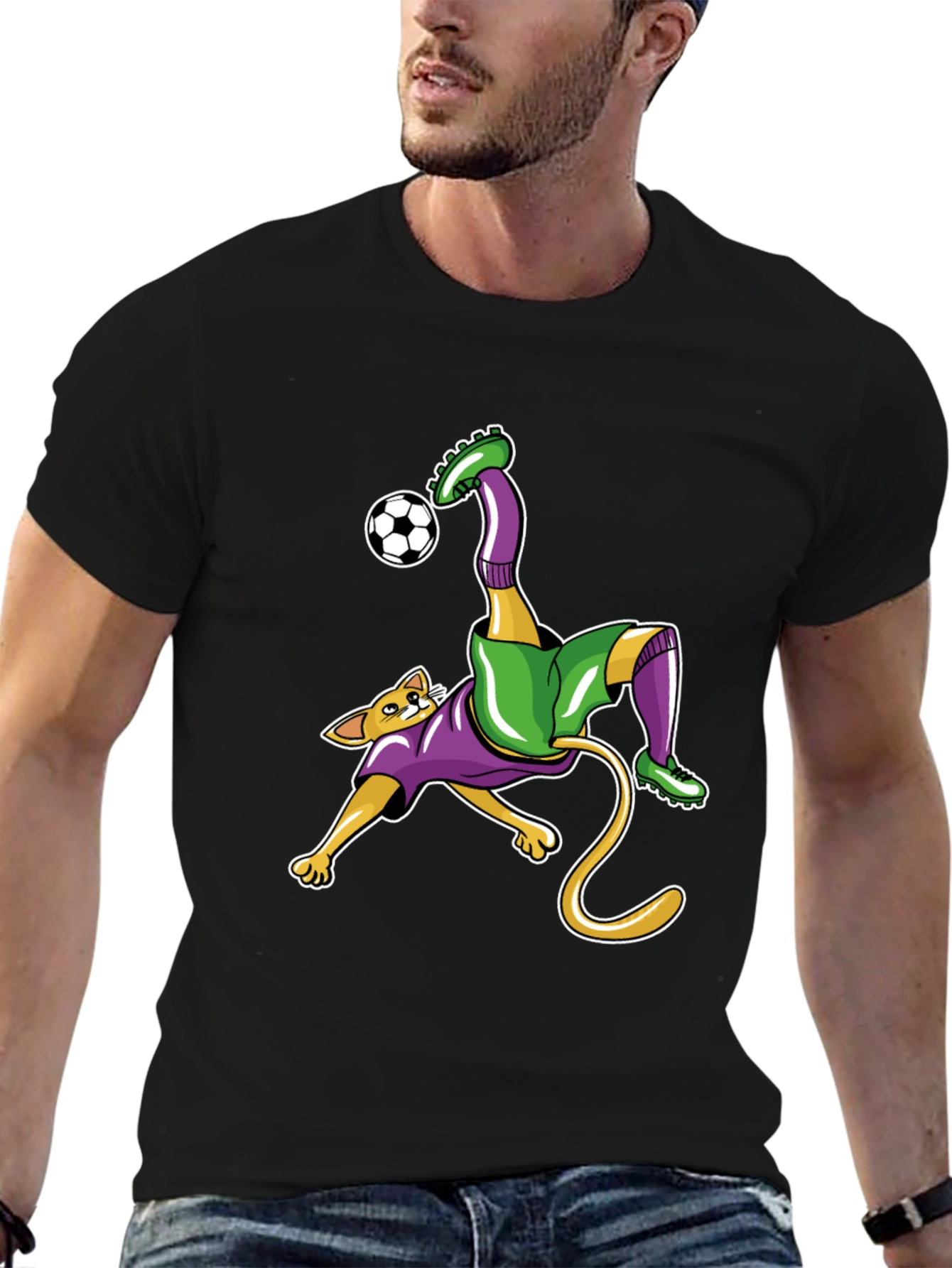 Cat Soccer Player Graphic Tee - Black