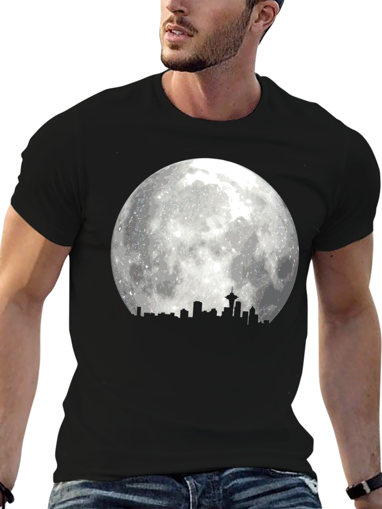 Seattle Skyline Moon T-Shirt - Black Graphic Tee