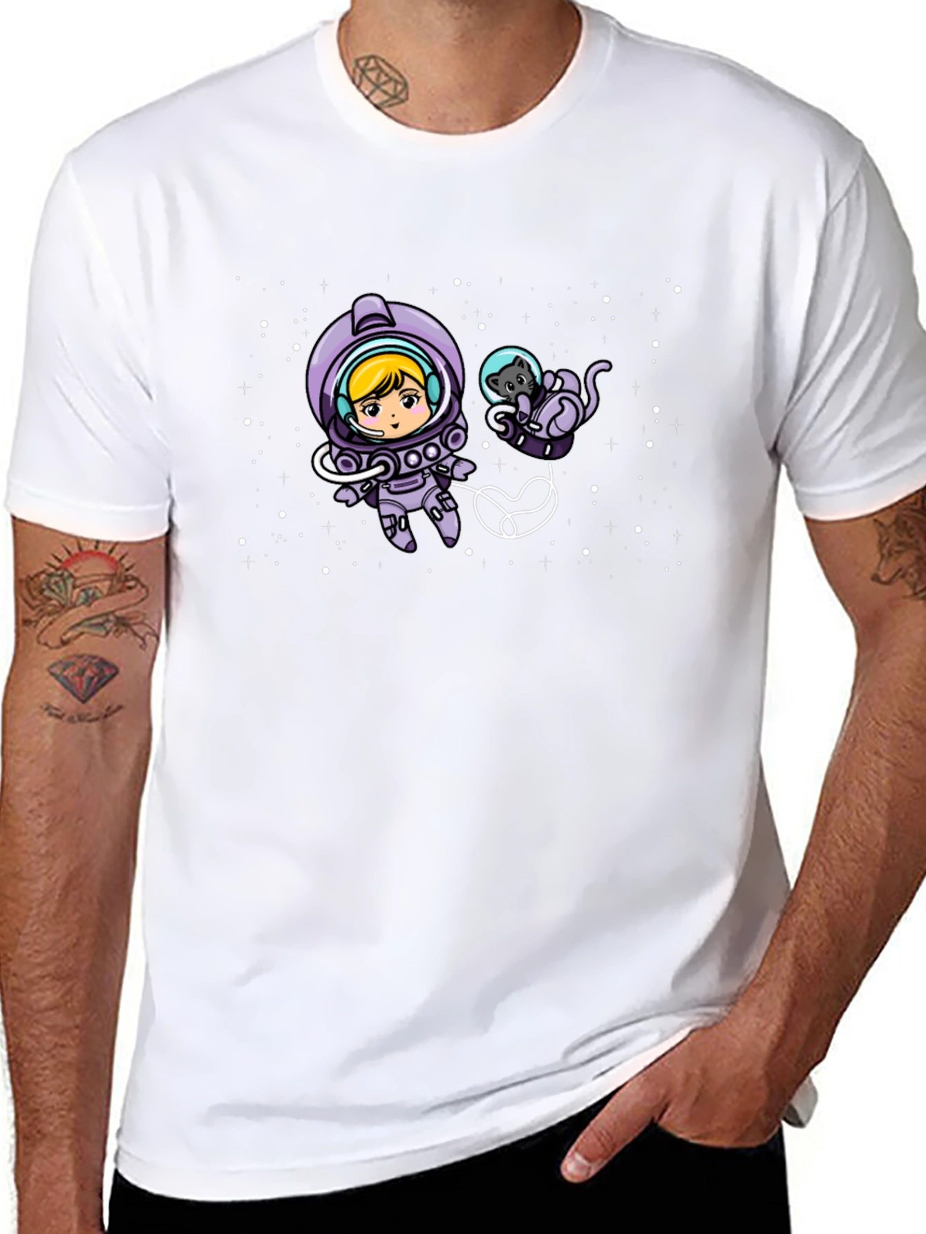 Astronaut Girl & Cat Space Black T-Shirt