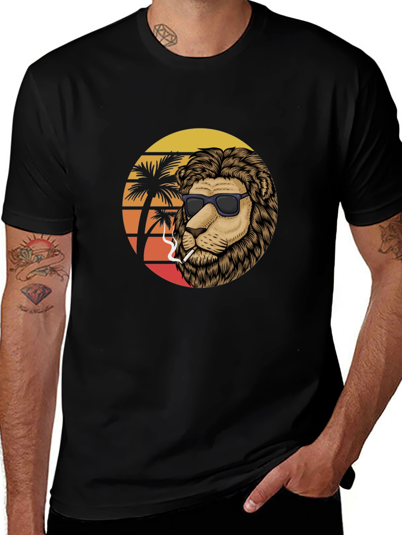 Cool Lion Graphic Tee - Smoking Under Palm Trees