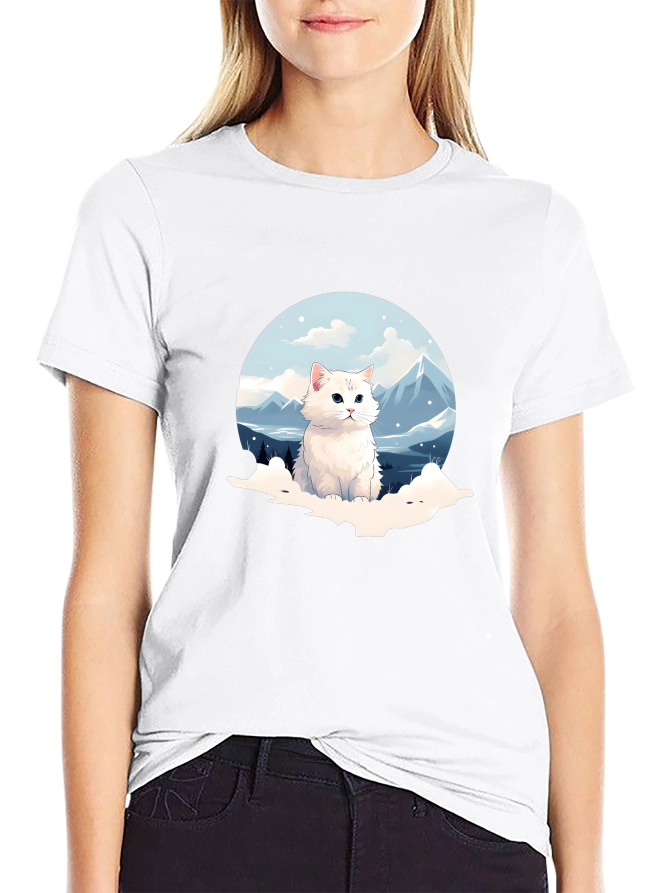 Cute Cat Mountain Scene Graphic Tee