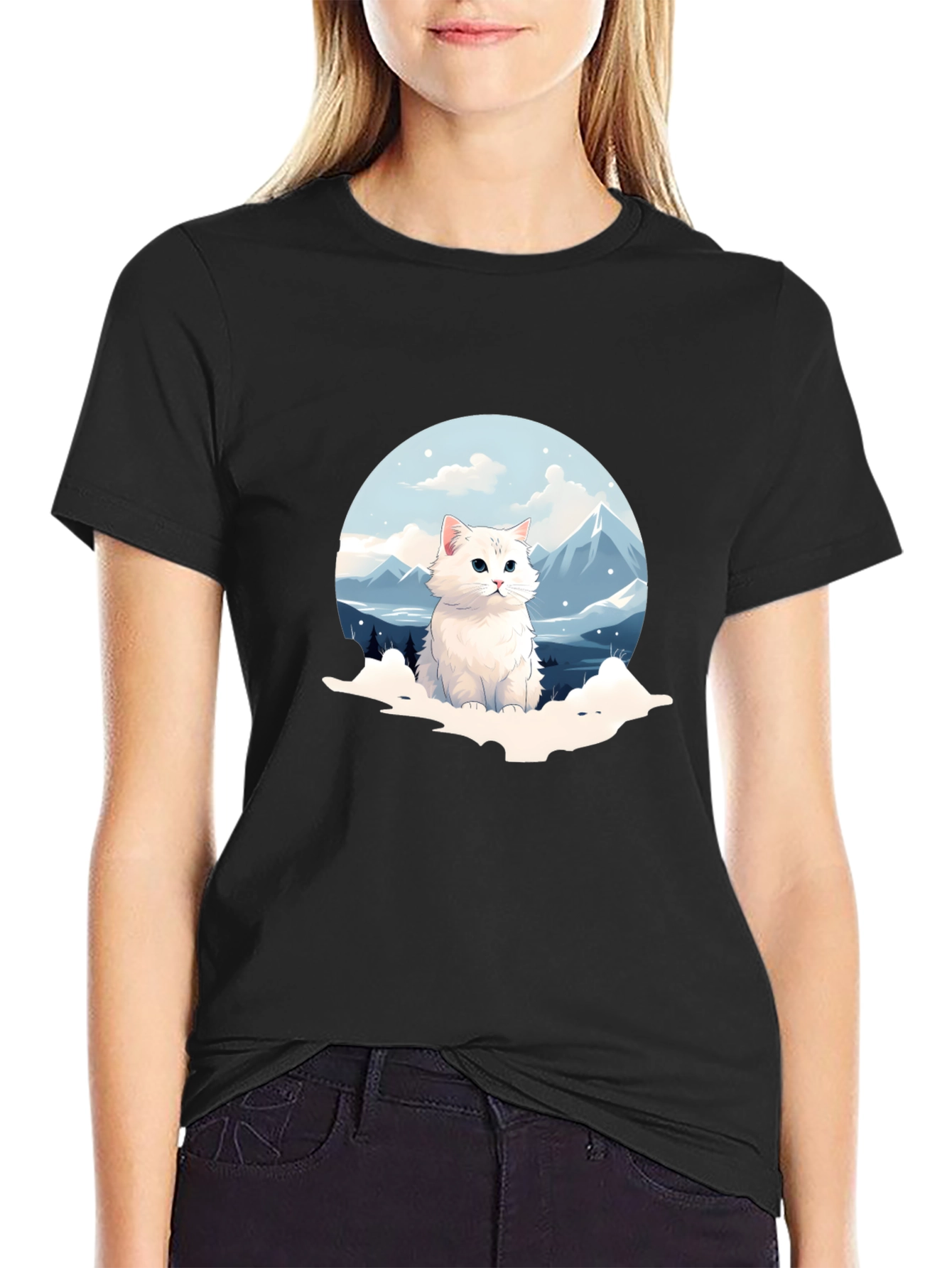Cute Cat Mountain Scene Graphic Tee