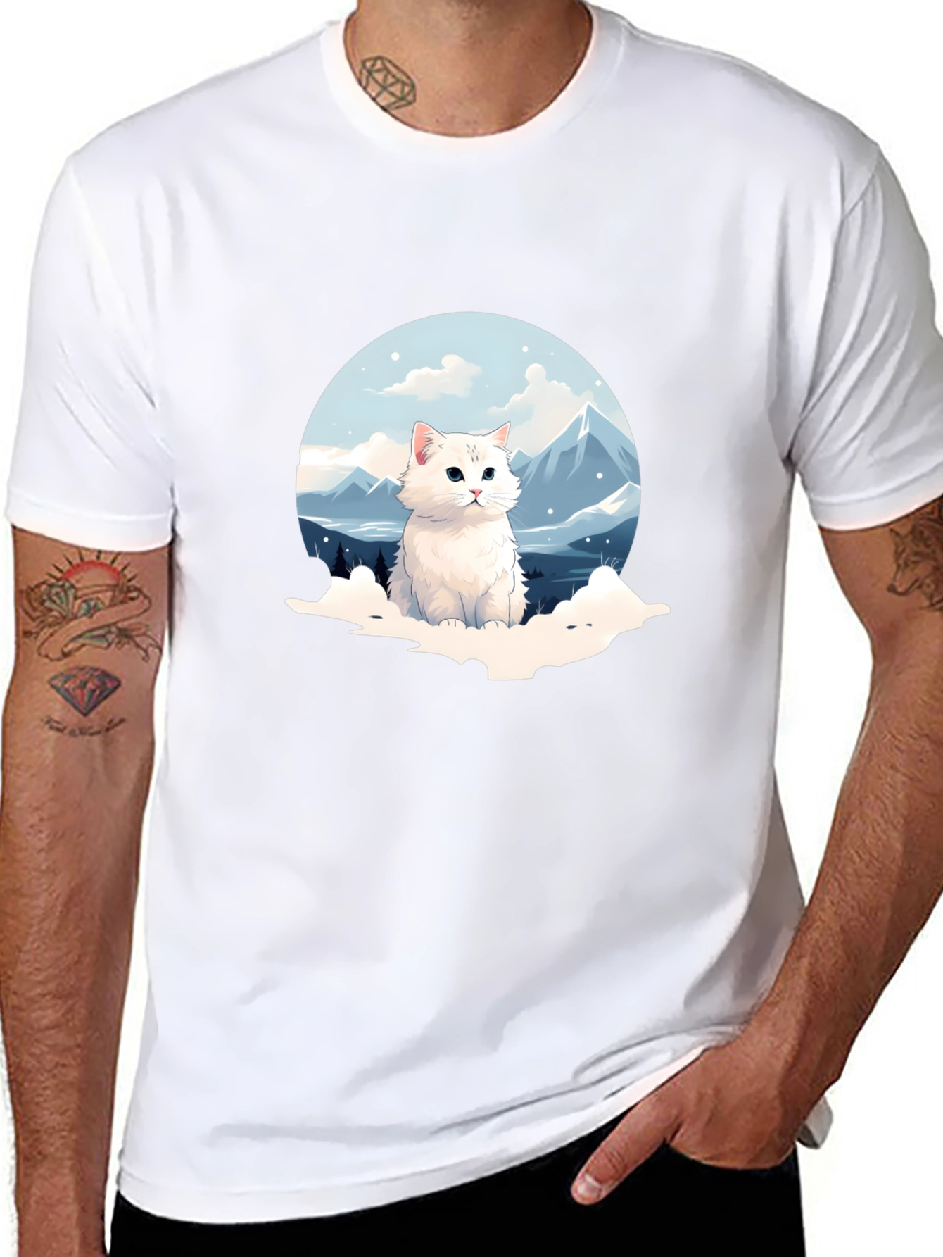 Cute Cat Mountain Scene Graphic Tee