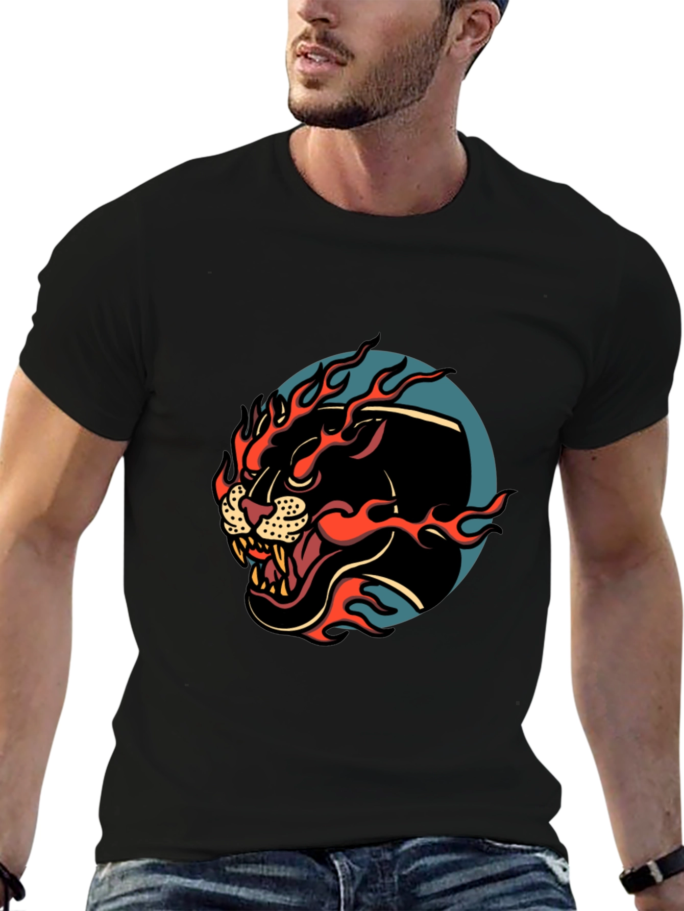 Mens Black Graphic Tee - Fiery Panther Design