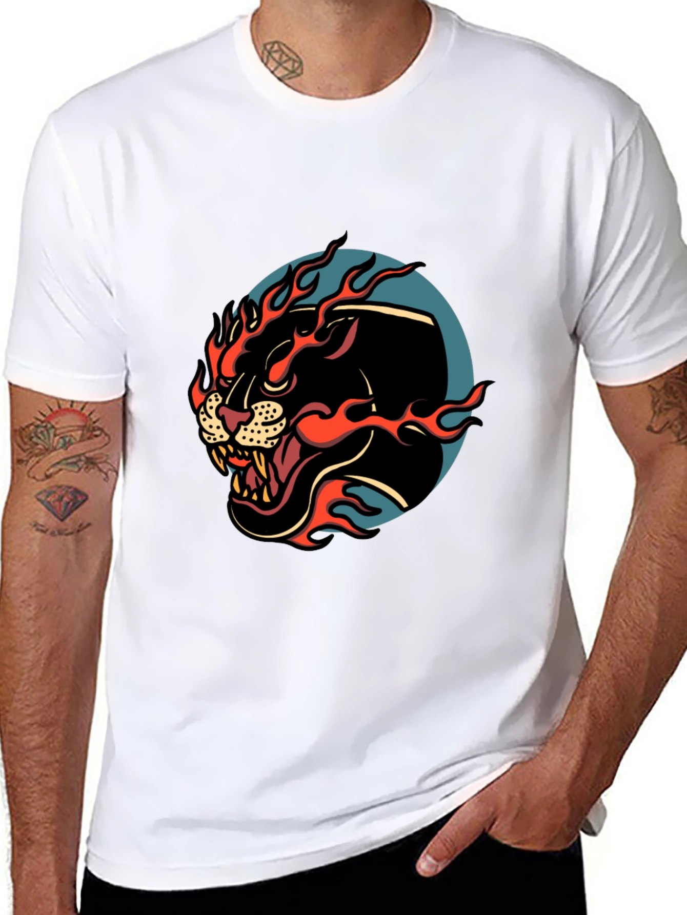 Mens Black Graphic Tee - Fiery Panther Design