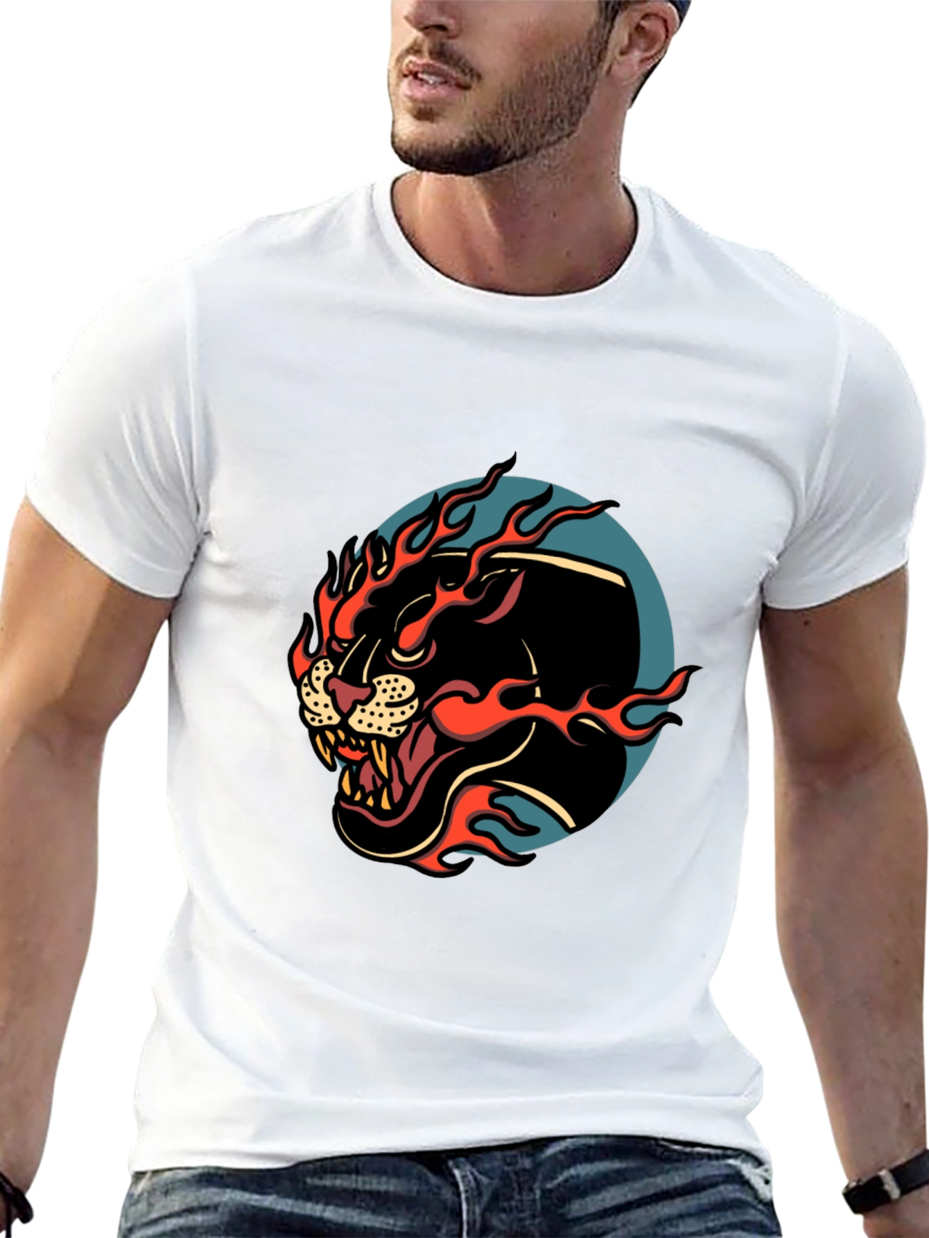 Mens Black Graphic Tee - Fiery Panther Design