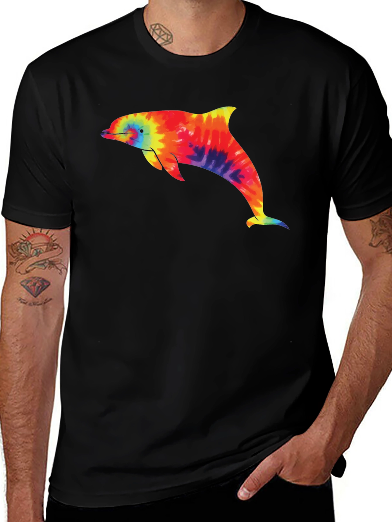 Tie-Dye Dolphin Graphic Black T-Shirt